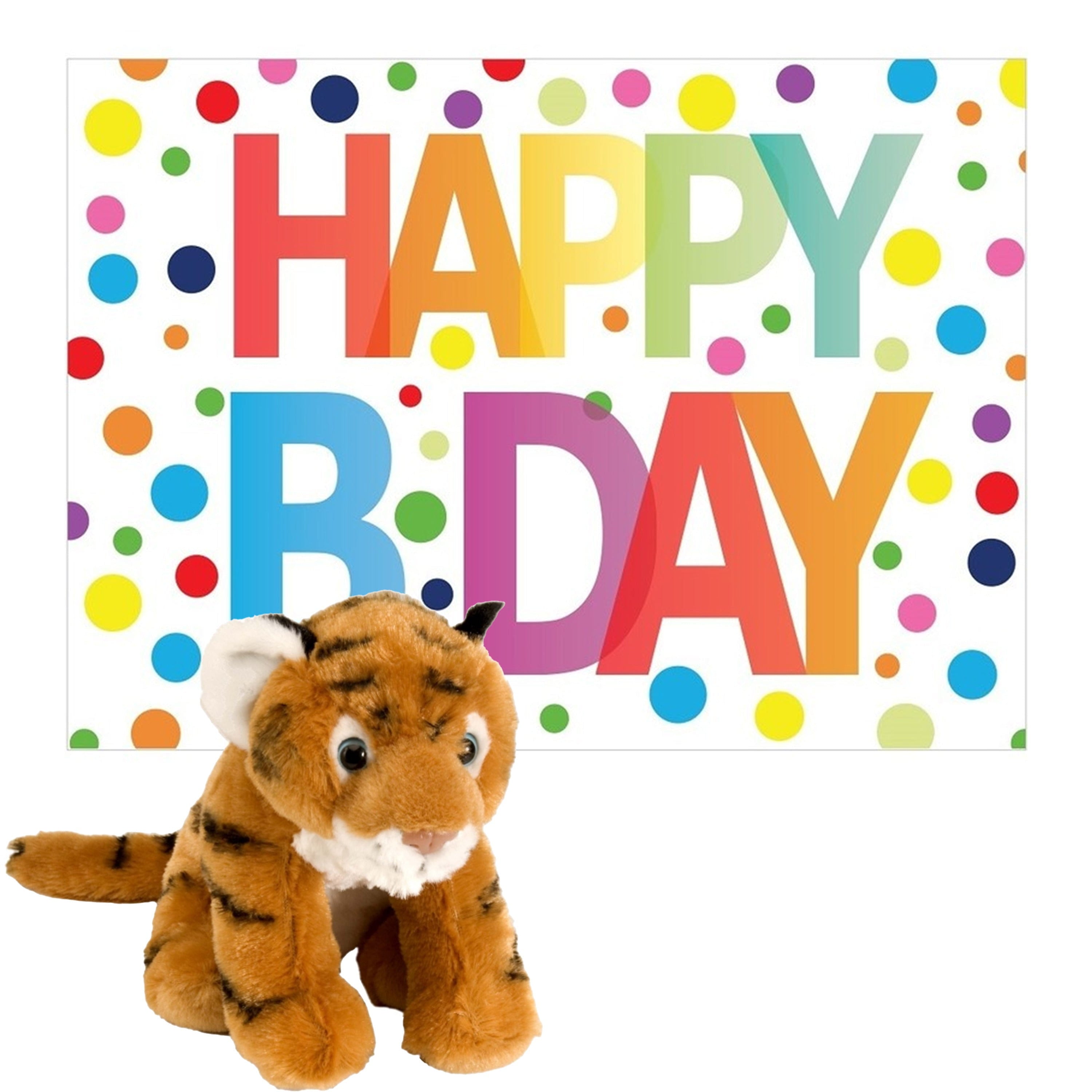 Tijger knuffel - pluche - 20 cm - Happy Birthday kaart