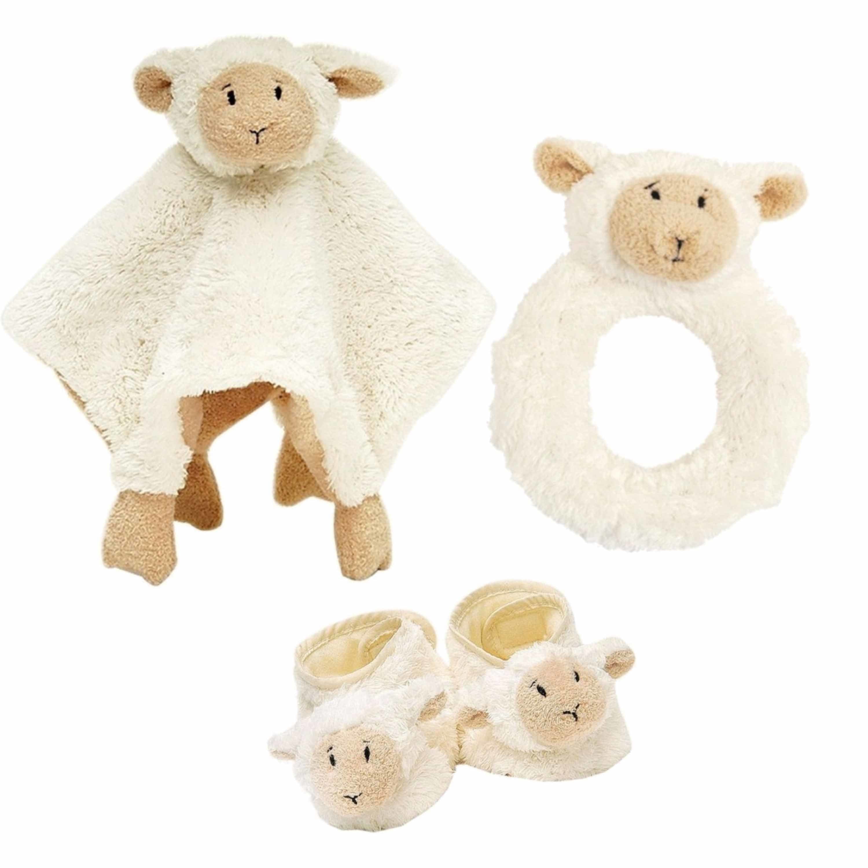 Baby cadeau setje Lammy - rammelaar - slofjes - tuttel doekje