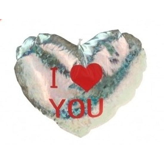 Sierkussen hart - zilver - 14 cm - glimmend - I Love You