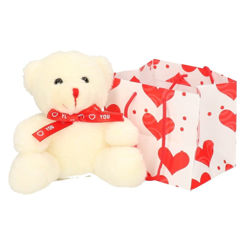 Witte pluche knuffelbeer - rood sjaaltje - 10 cm