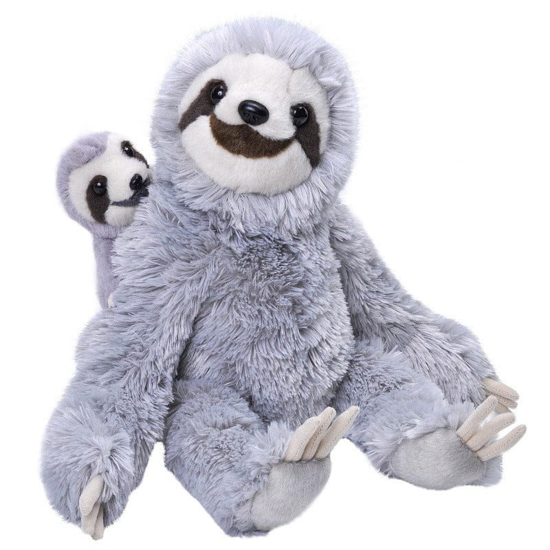 Wild Republic luiaard knuffel met jong - pluche - grijs - 38 cm - bosdieren