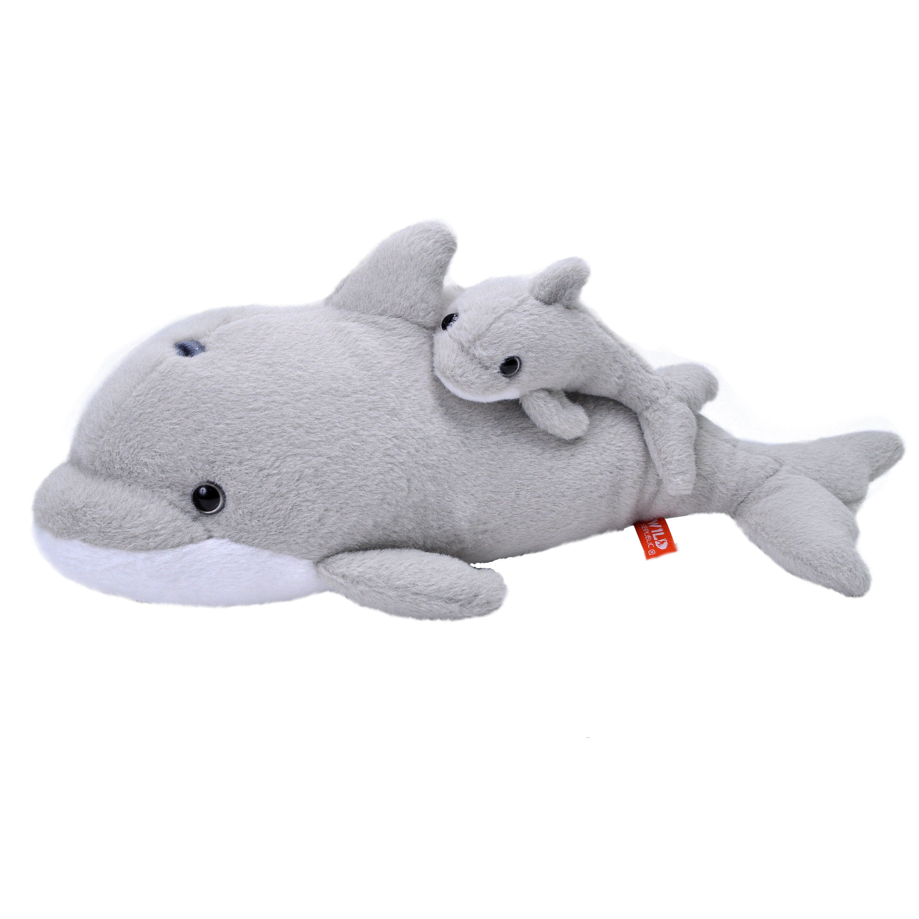 Wild Republic dolfijn knuffel met jong - pluche - 38 cm - grijs - zeedieren - dierenknuffel