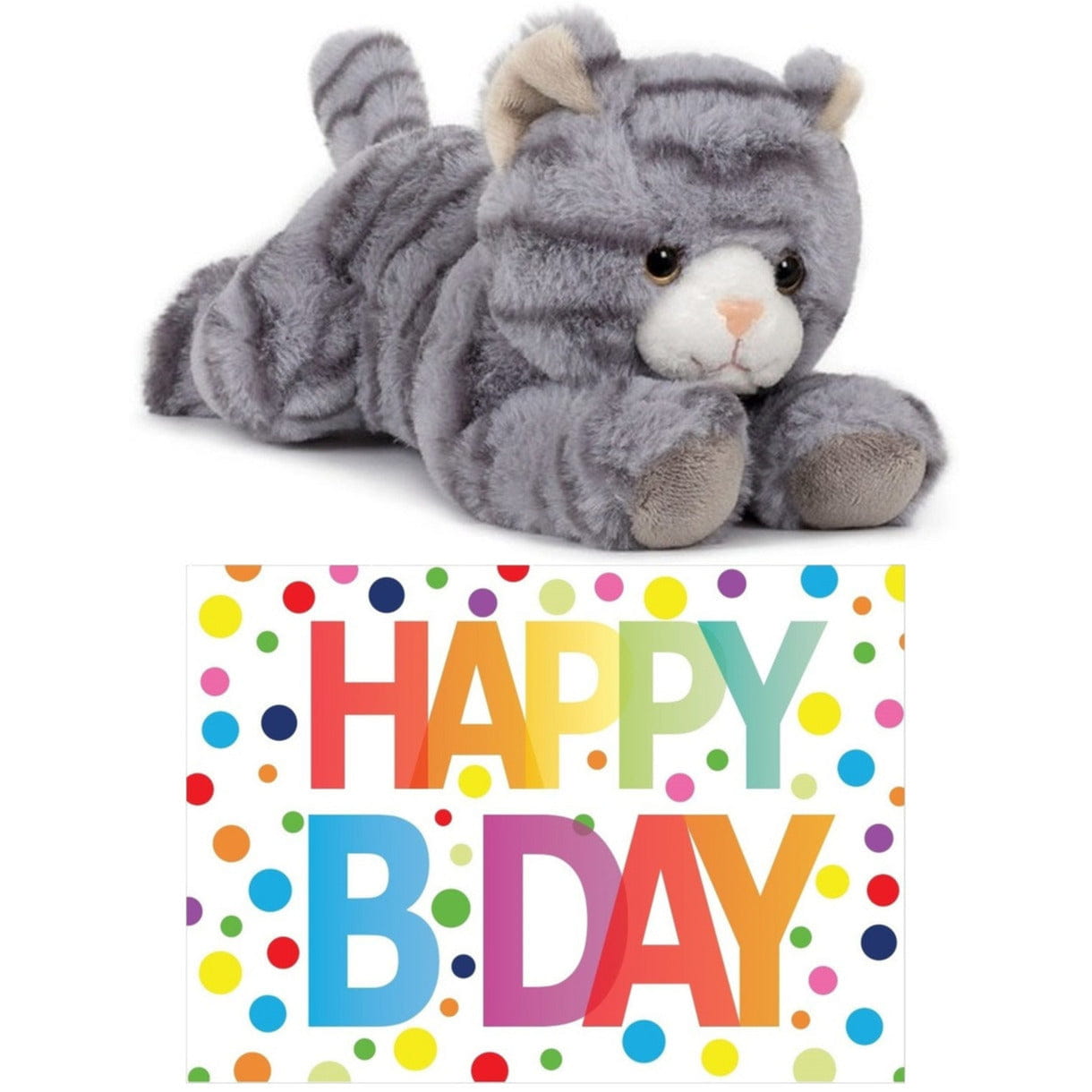 Pluche grijze kat knuffel - 25 cm - Happy Birthday kaart