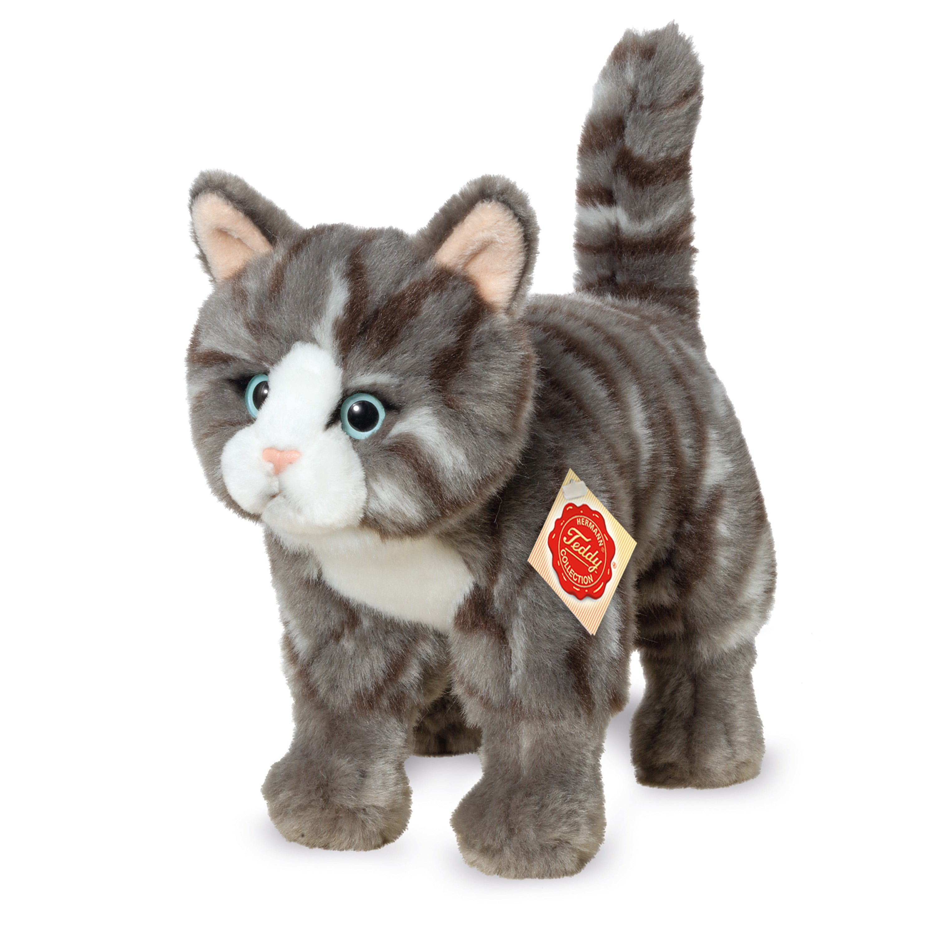Hermann Teddy kat knuffel - pluche - premium kwaliteit - grijs/wit - 20 cm