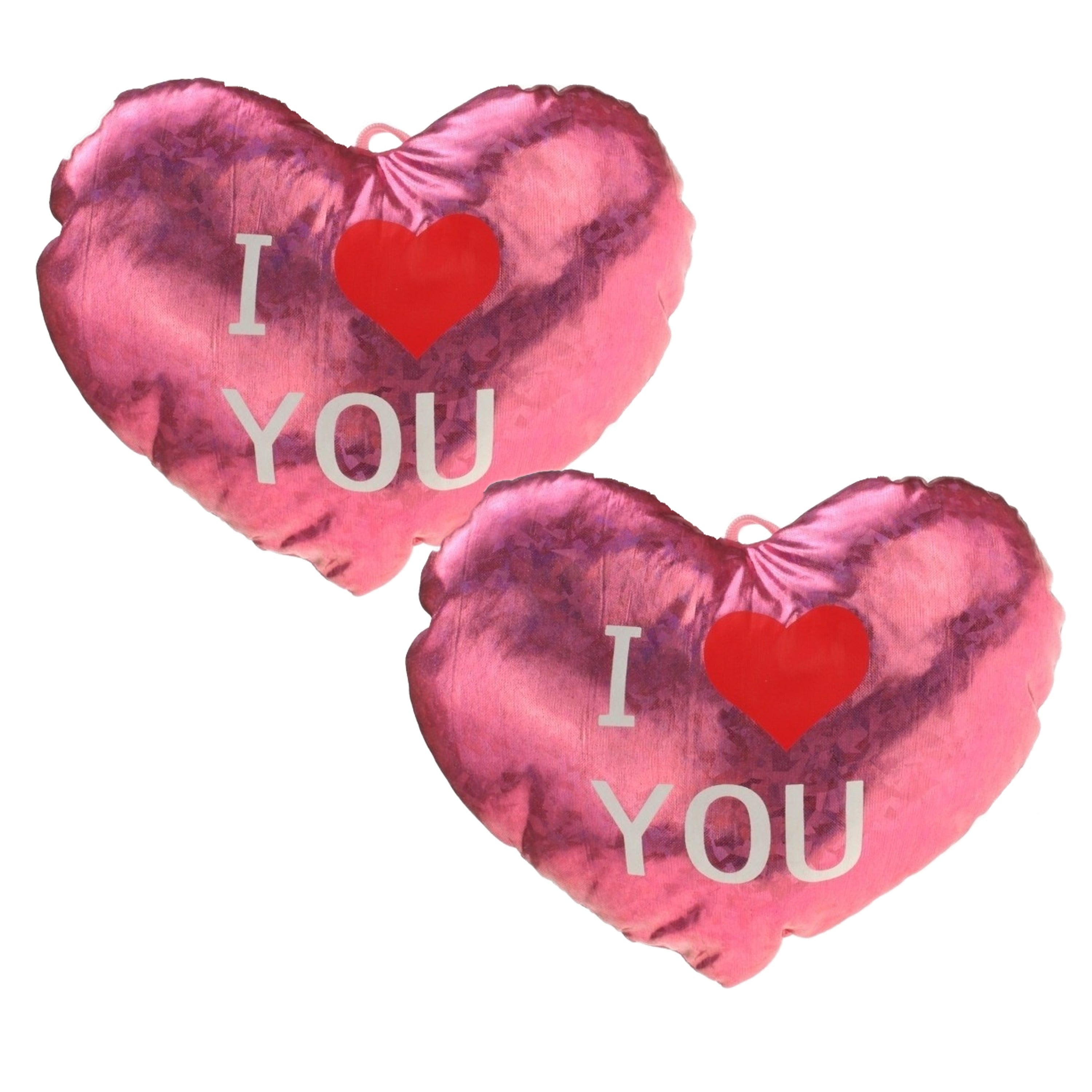 Hart sierkussen 2x - roze - glanzend - 14 cm - I Love You