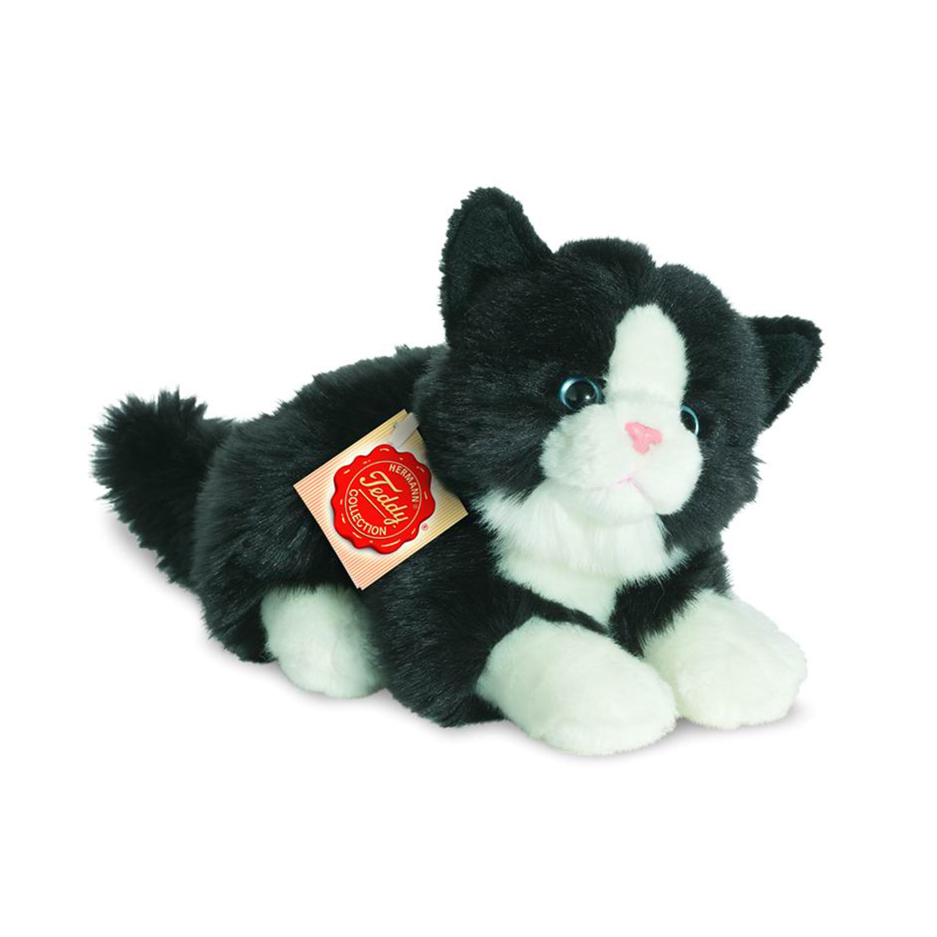 Hermann Teddy kat knuffel - pluche - zwart/wit - 20 cm