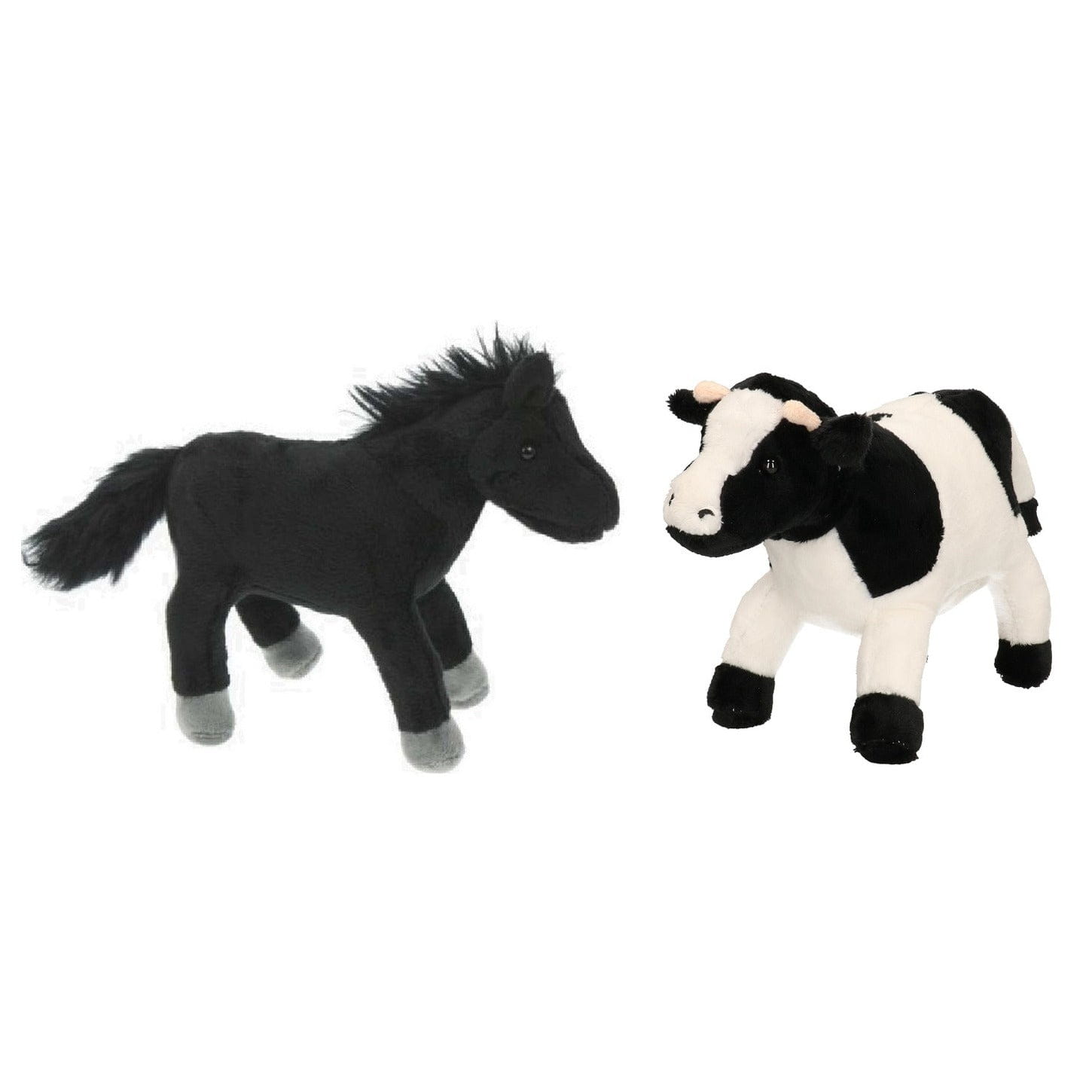 Pluche boerderijdieren knuffelset - koe en zwart paard - 20 cm - zacht