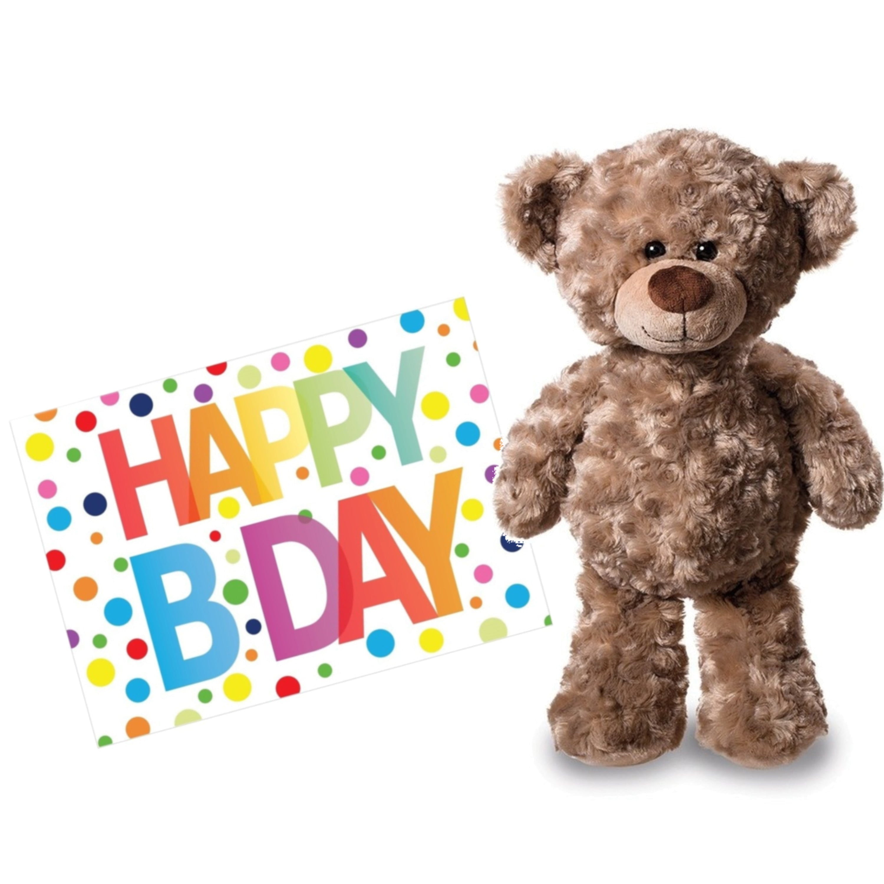 Pluche knuffelbeer - 24 cm - met Happy Birthday kaart