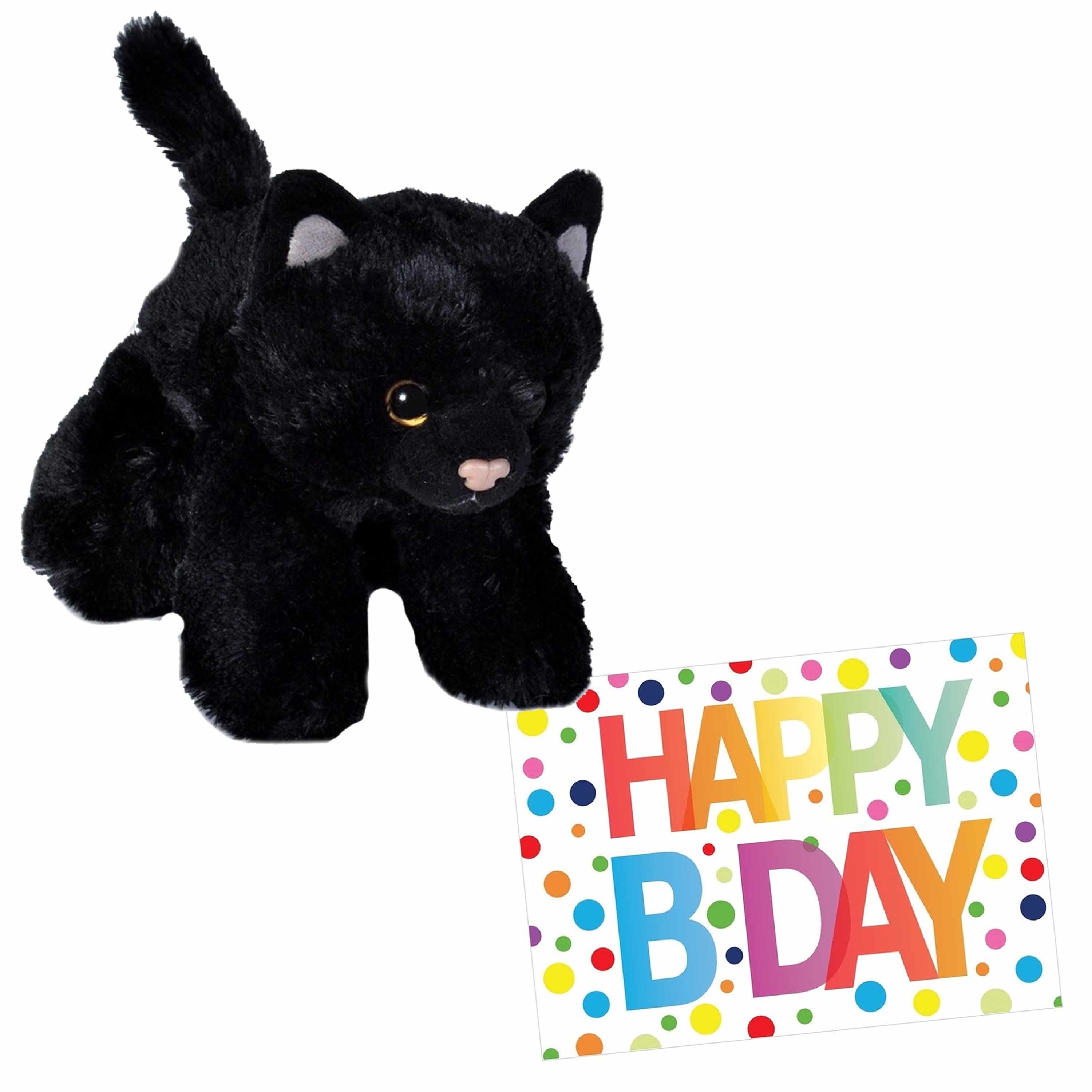 Zwarte pluche kat knuffel - 18 cm - met verjaardagskaart