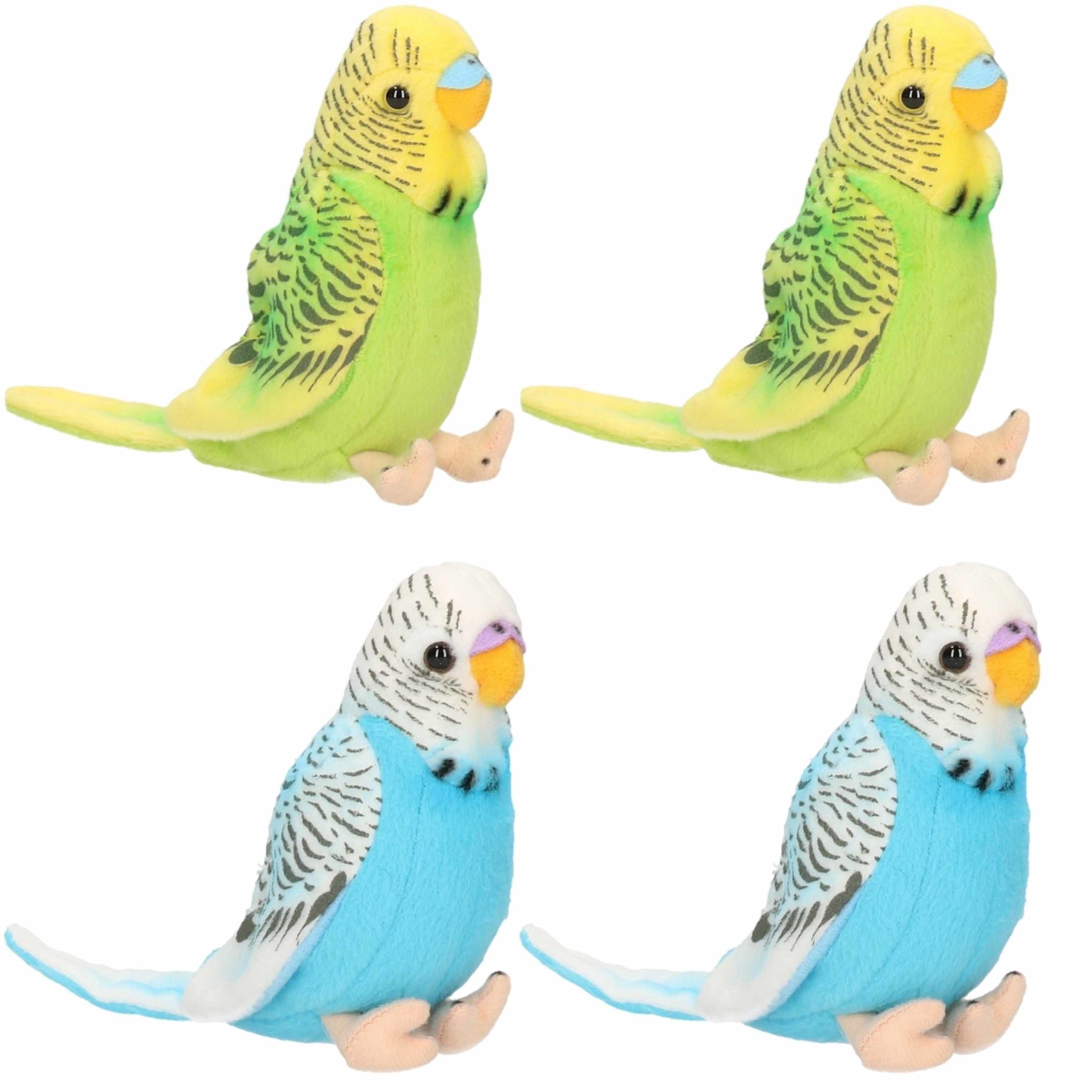 4x pluche parkieten knuffel set - blauw en groen - 11 cm
