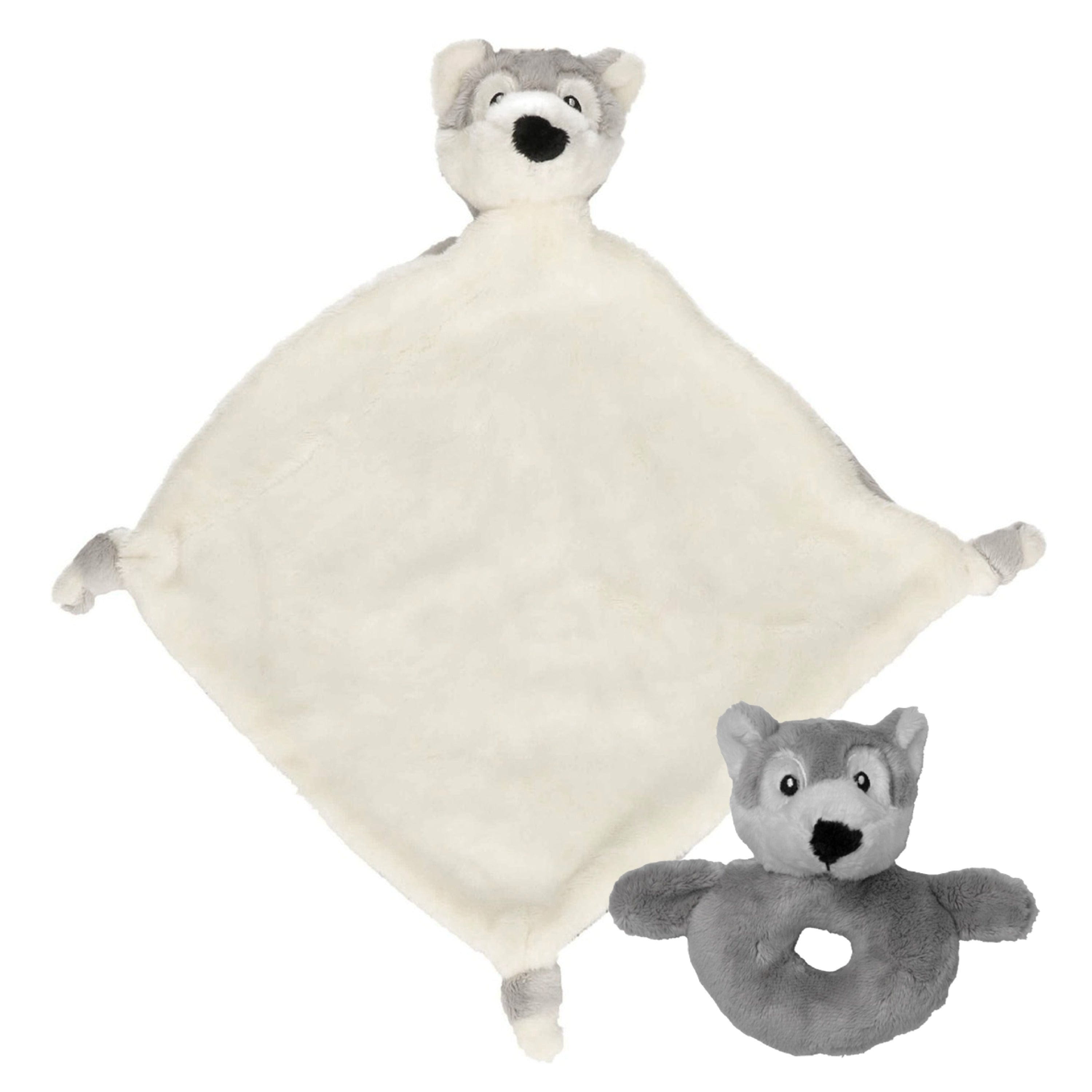 Pluche wolf setje - knuffel rammelaar 15 cm - tutteldoekje 40 cm