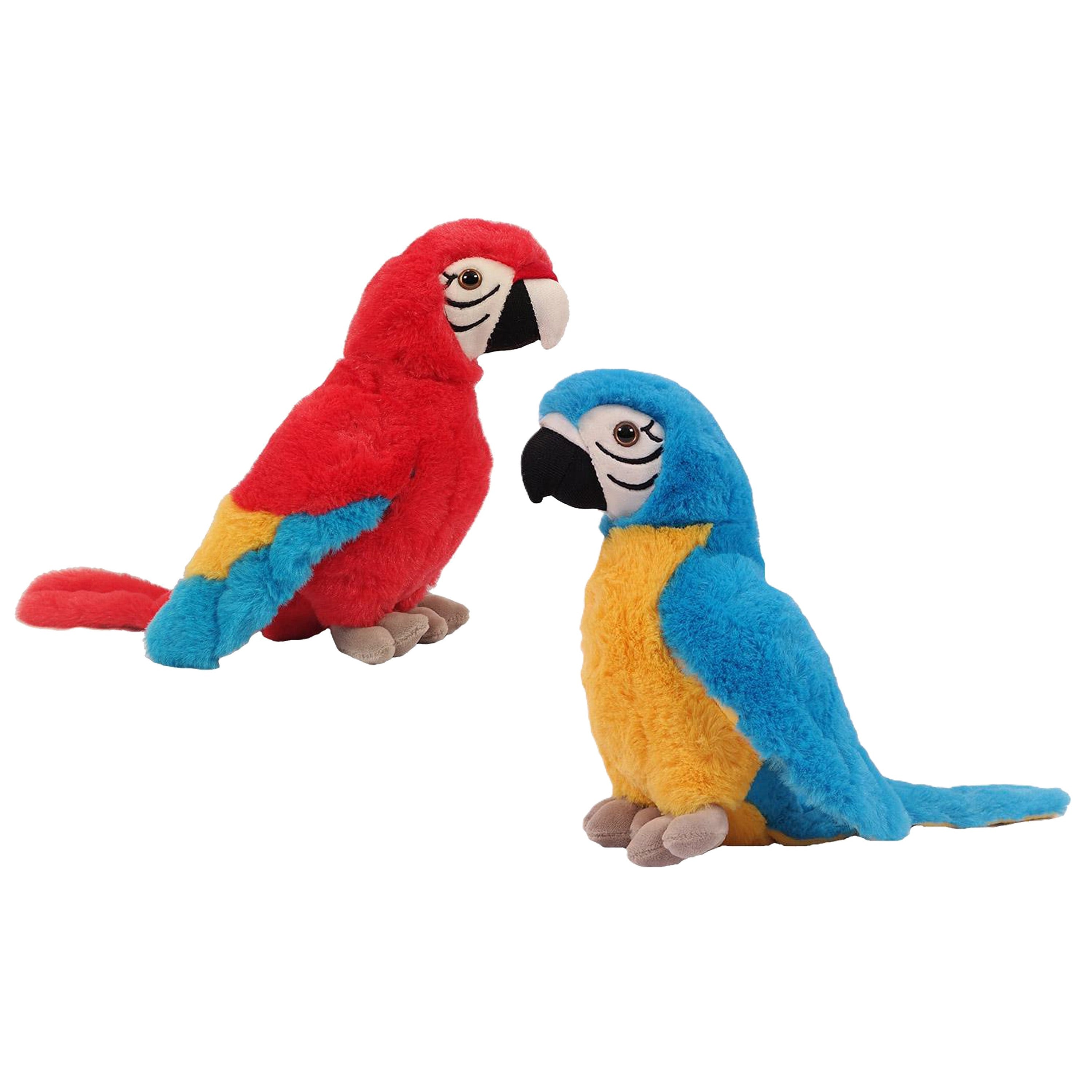 Papegaai knuffel set 2x - pluche - blauw/rood - 24 cm