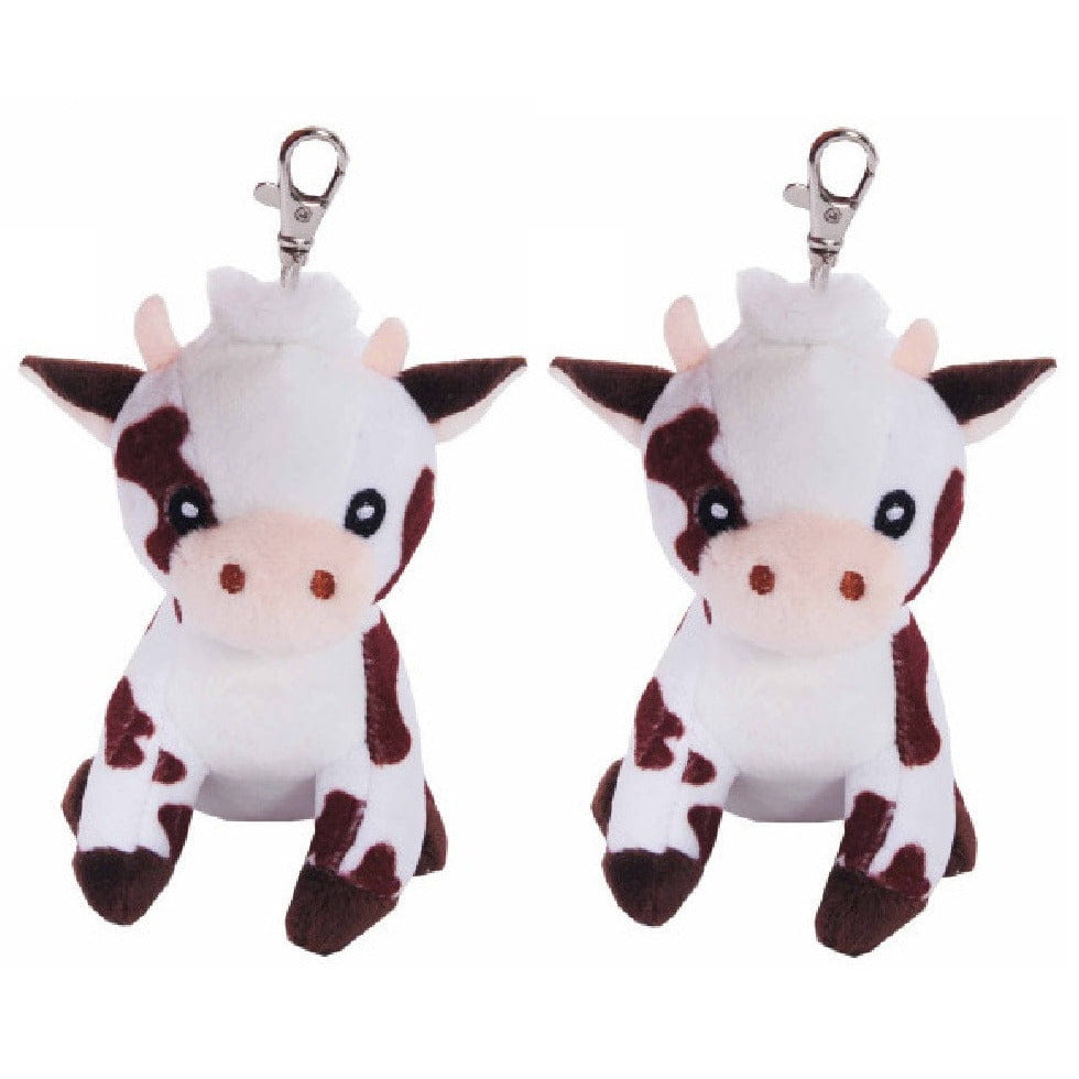 Koe sleutelhangers knuffel - pluche - 2 stuks - 12 cm - bruin/wit