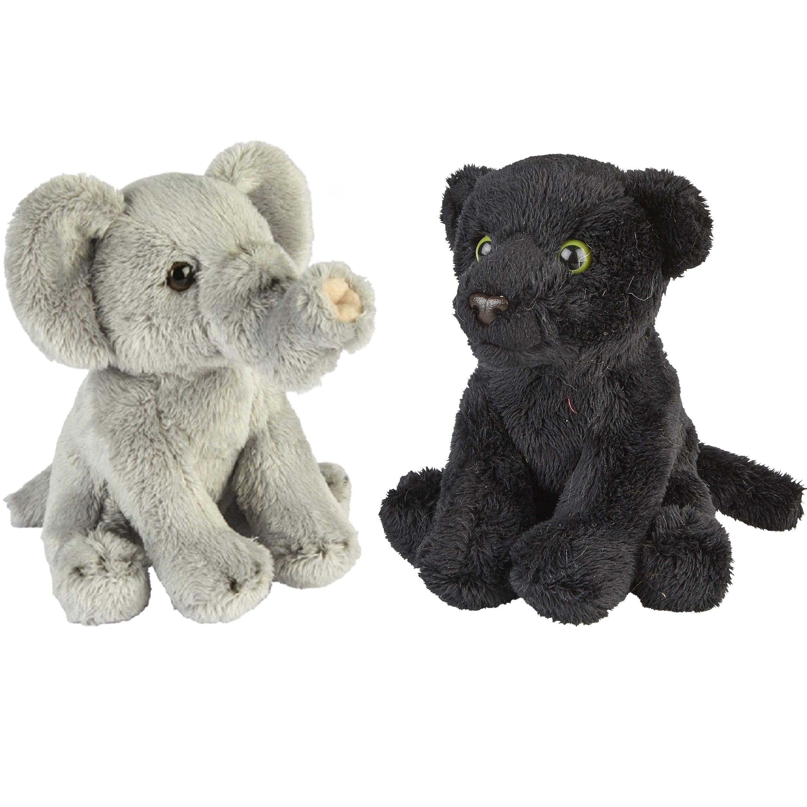 Safari dieren knuffels - olifant en zwarte panter - pluche - 15 cm