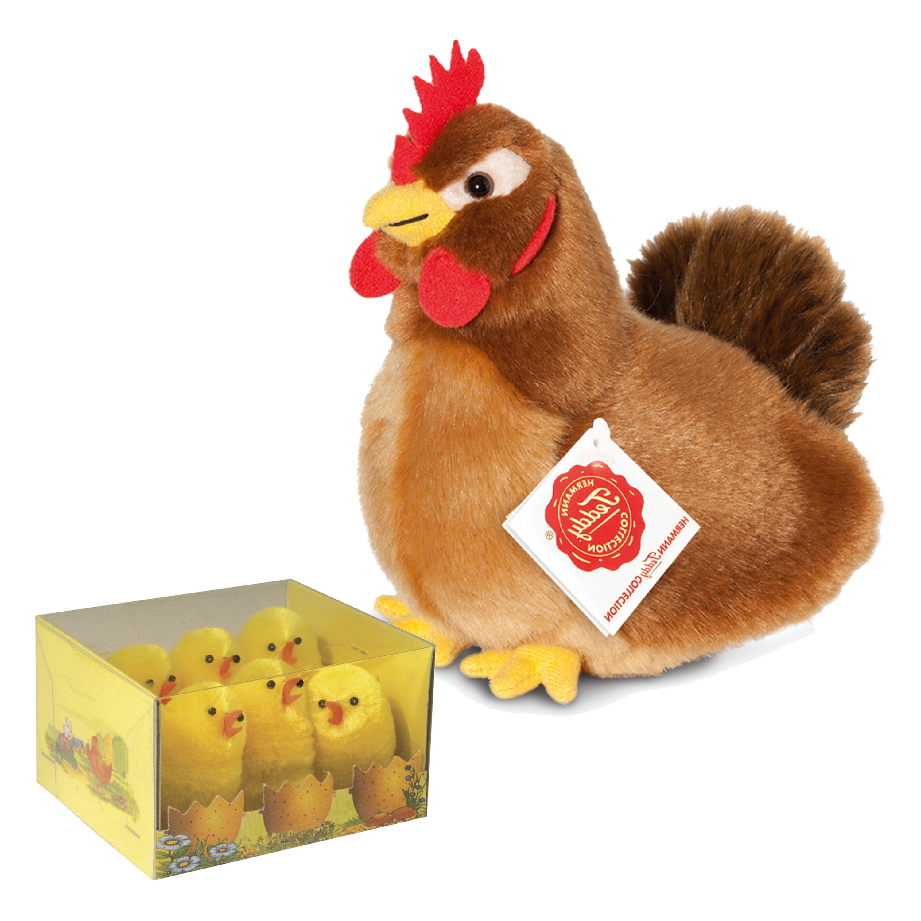 Pluche kip knuffel - 16 cm - met 6 kuikens - paasdecoratie