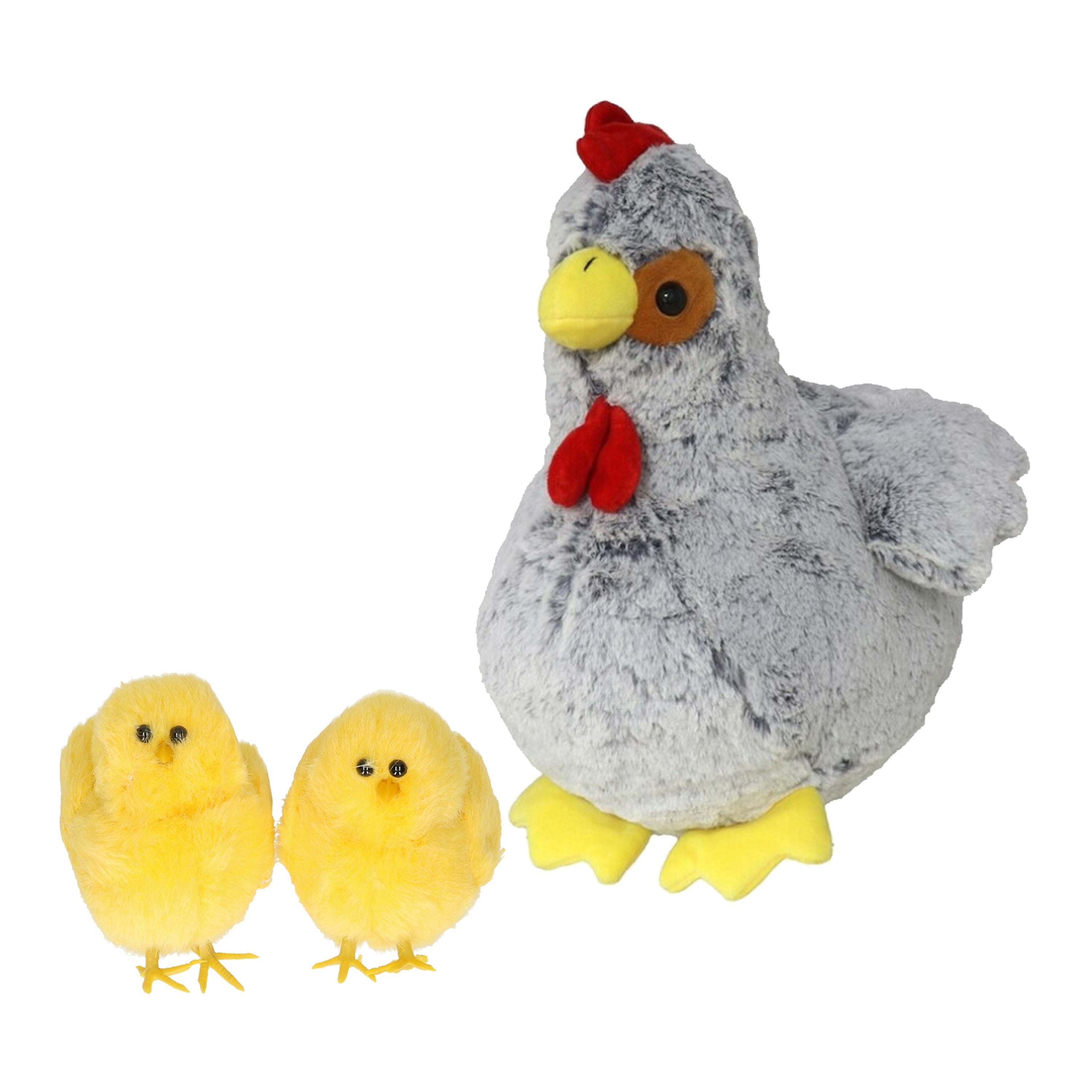 Pluche kip knuffel - grijs - 20 cm - met 2 kuikens - knuffelset