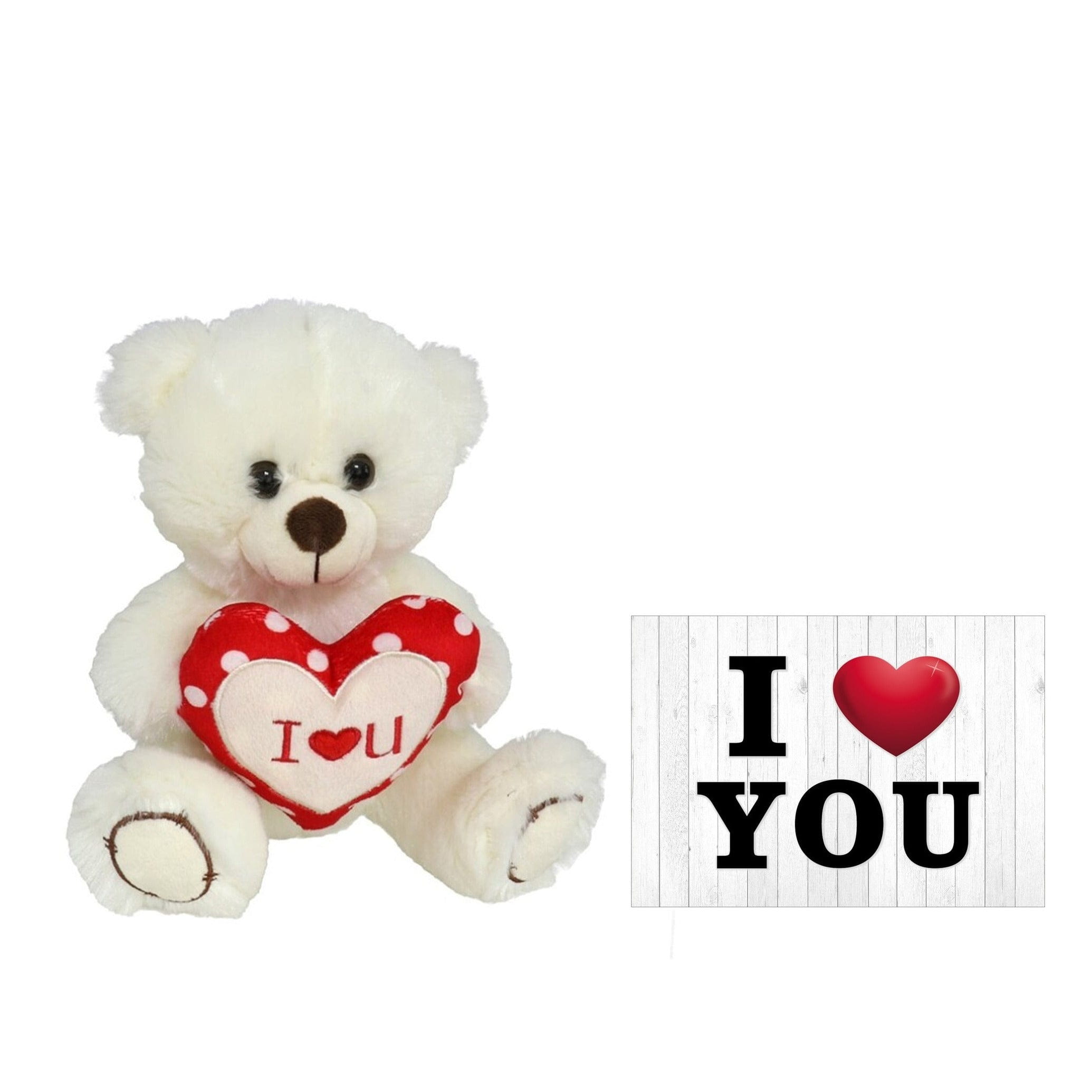 Pluche knuffelbeer met I Love hartje - wit/rood - 20 cm - wenskaart