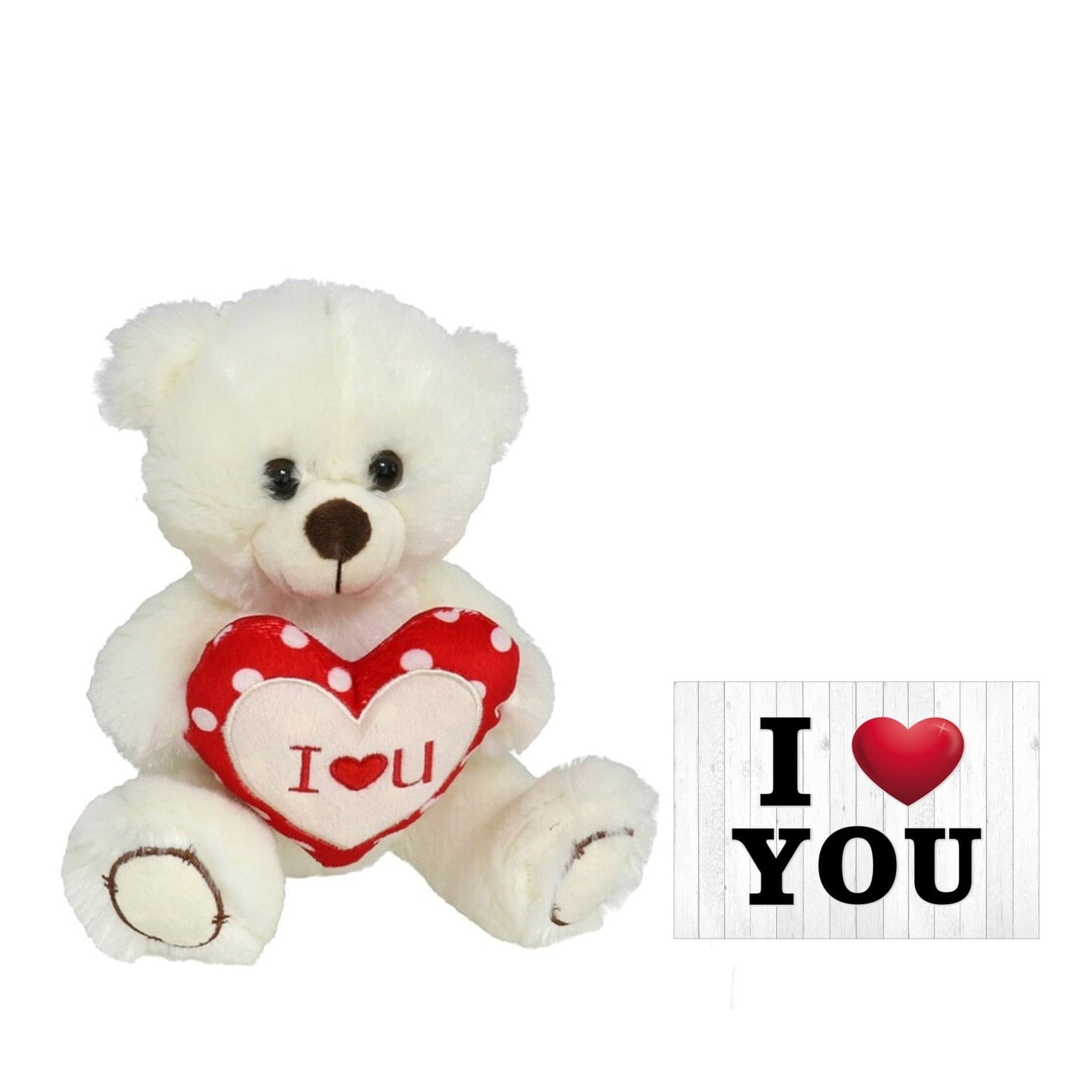 Pluche knuffelbeer - wit/rood - 30 cm - I Love hartje - wenskaart