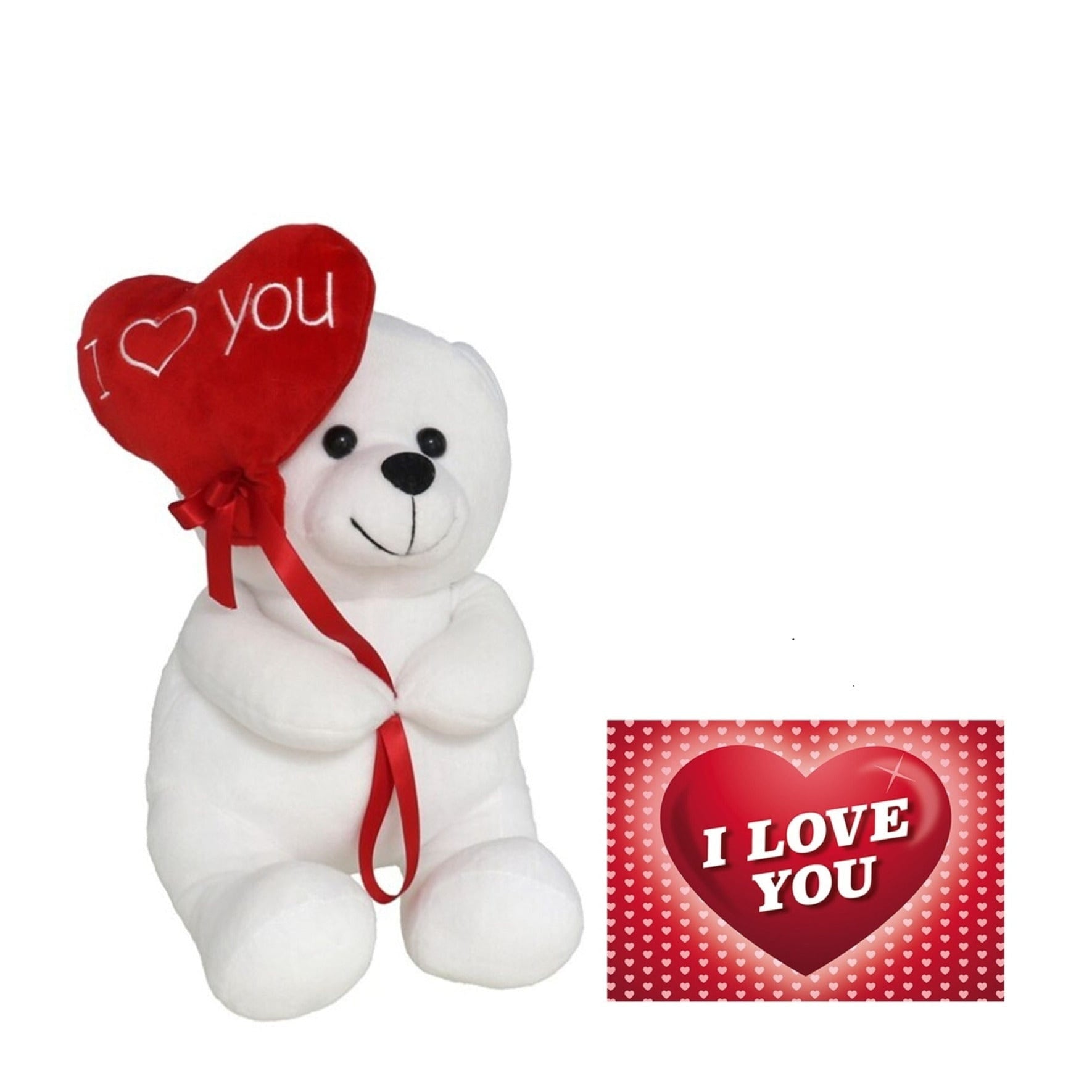 Pluche knuffelbeer met I Love hartje - wit/rood - 20 cm - kaart