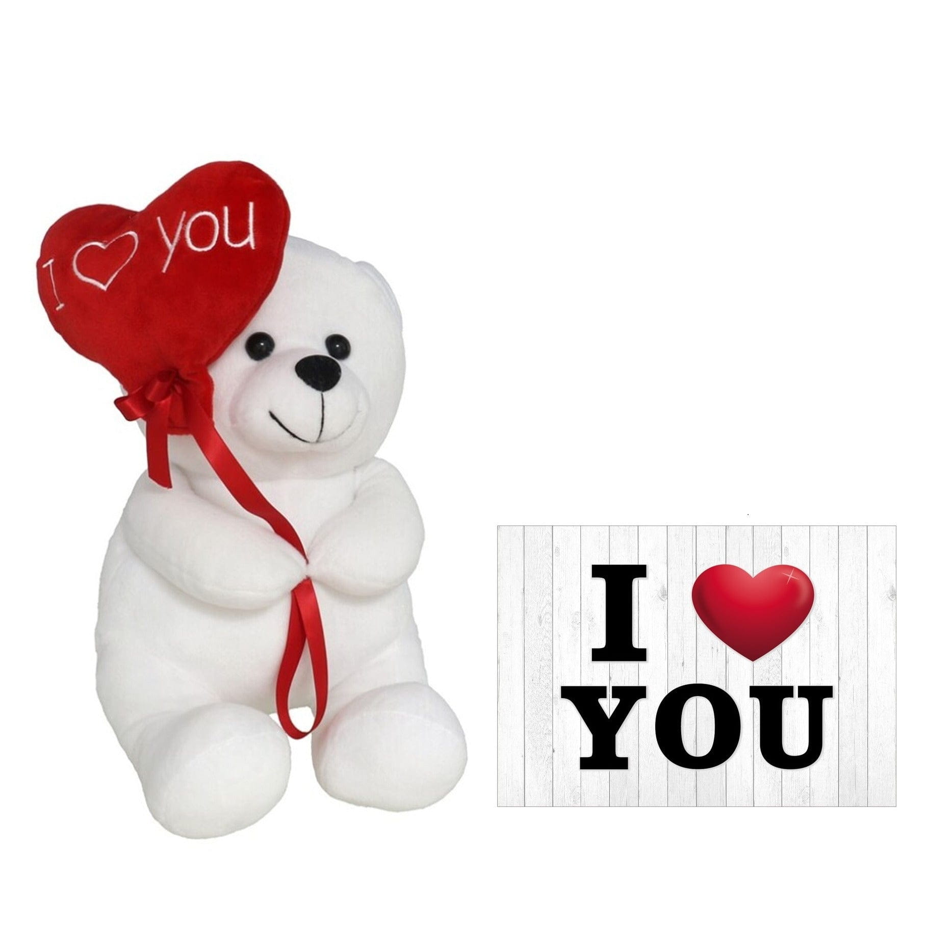 Pluche knuffelbeer - wit/rood - 30 cm - I Love hartje - wenskaart