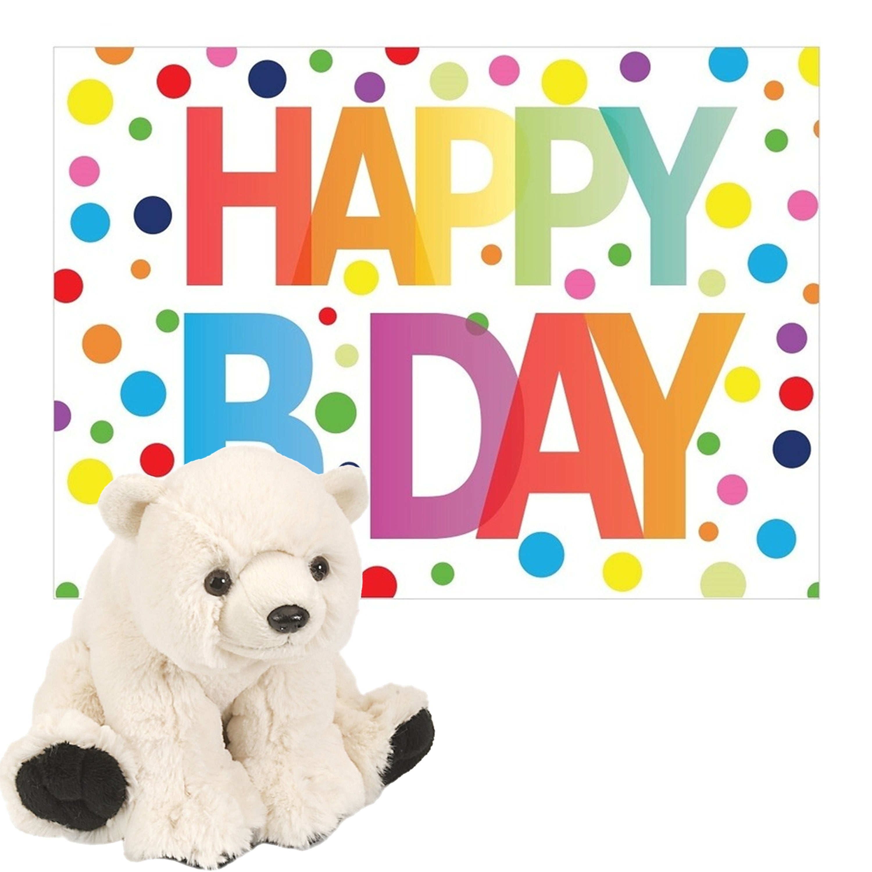 IJsbeer knuffel - pluche - 20 cm - met Happy Birthday kaart