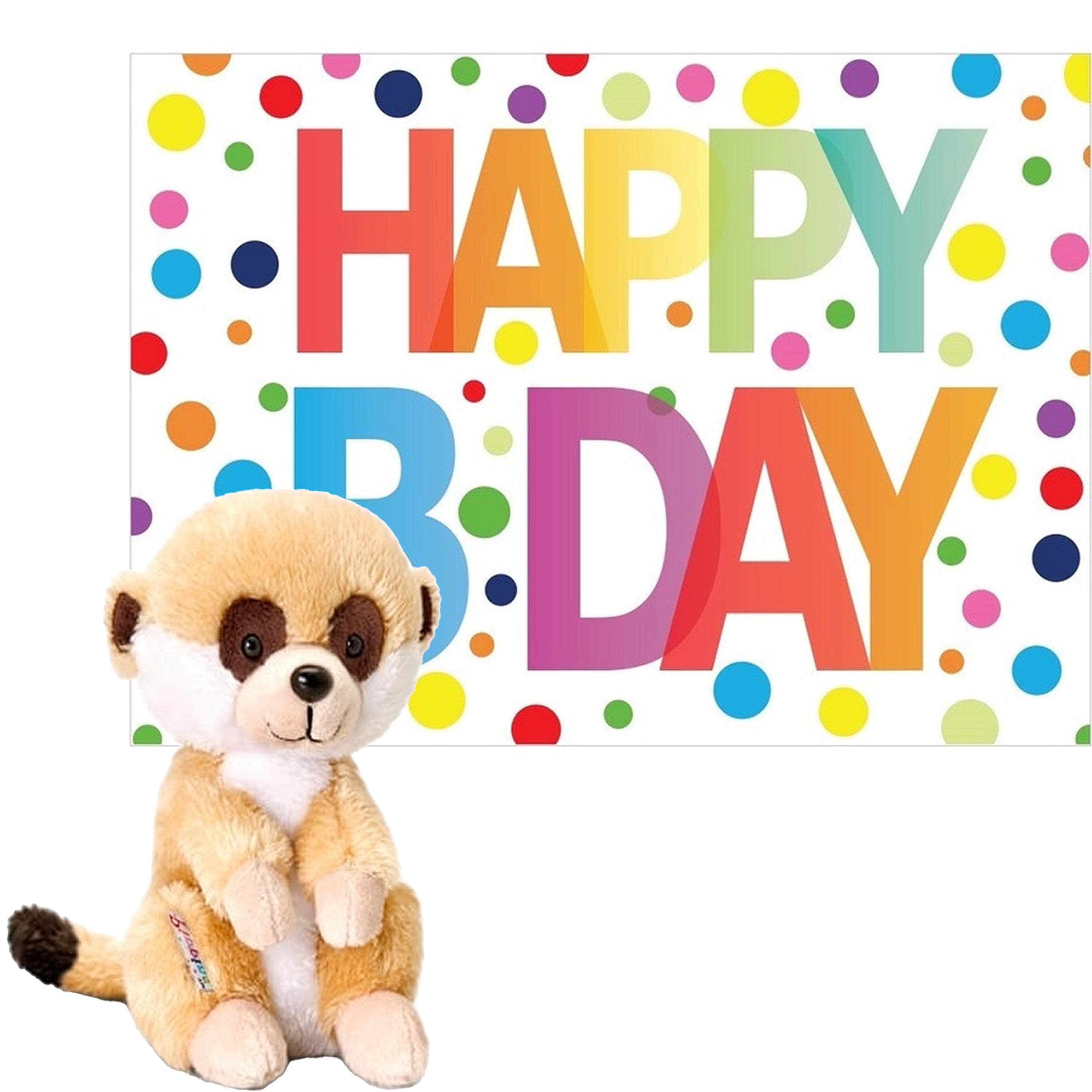 Stokstaartje knuffel - pluche - 14 cm - Happy Birthday kaart