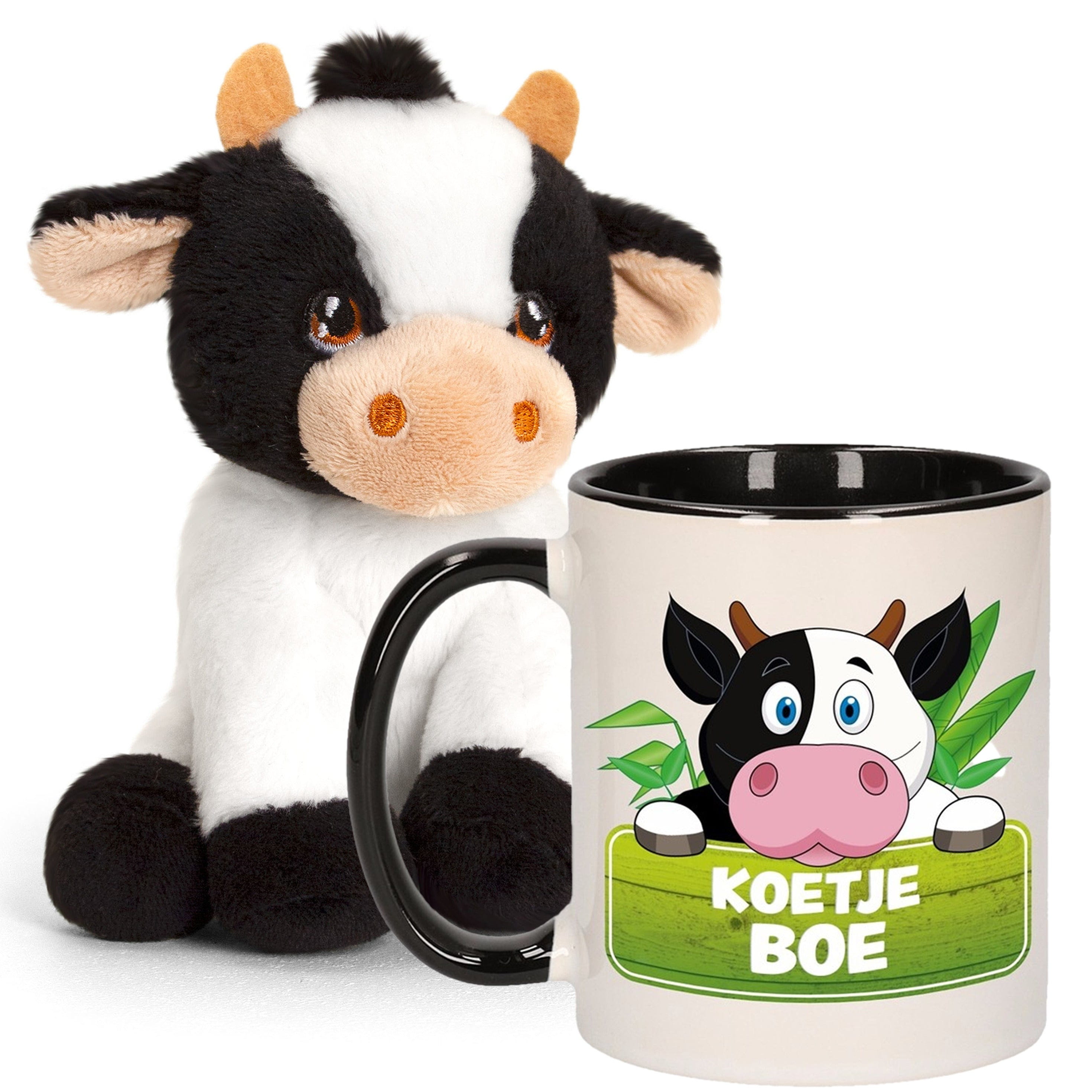 Cadeauset koe - pluche knuffel 12 cm - mok 300 ml
