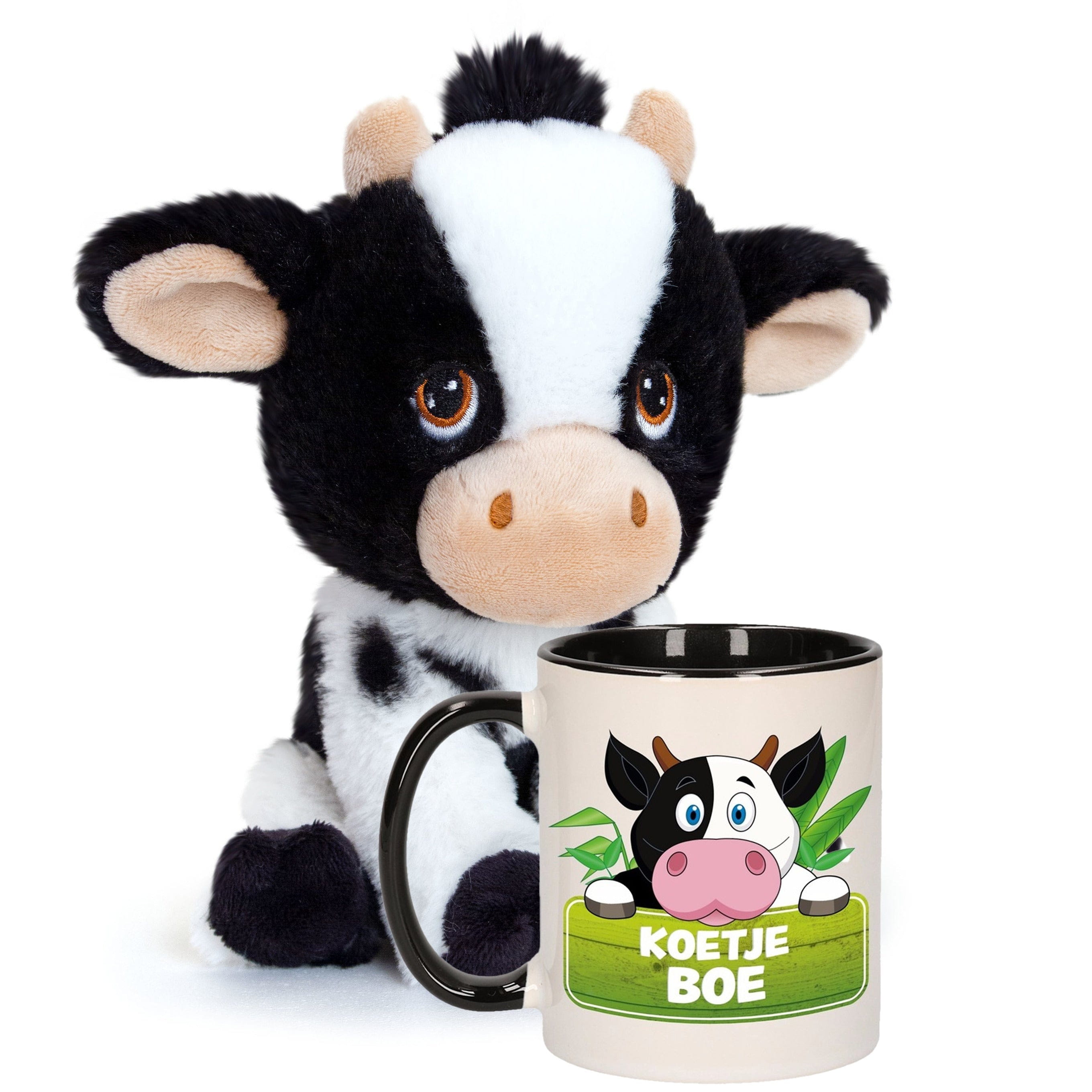 Koe knuffel en mok cadeauset - pluche - 18 cm - 300 ml