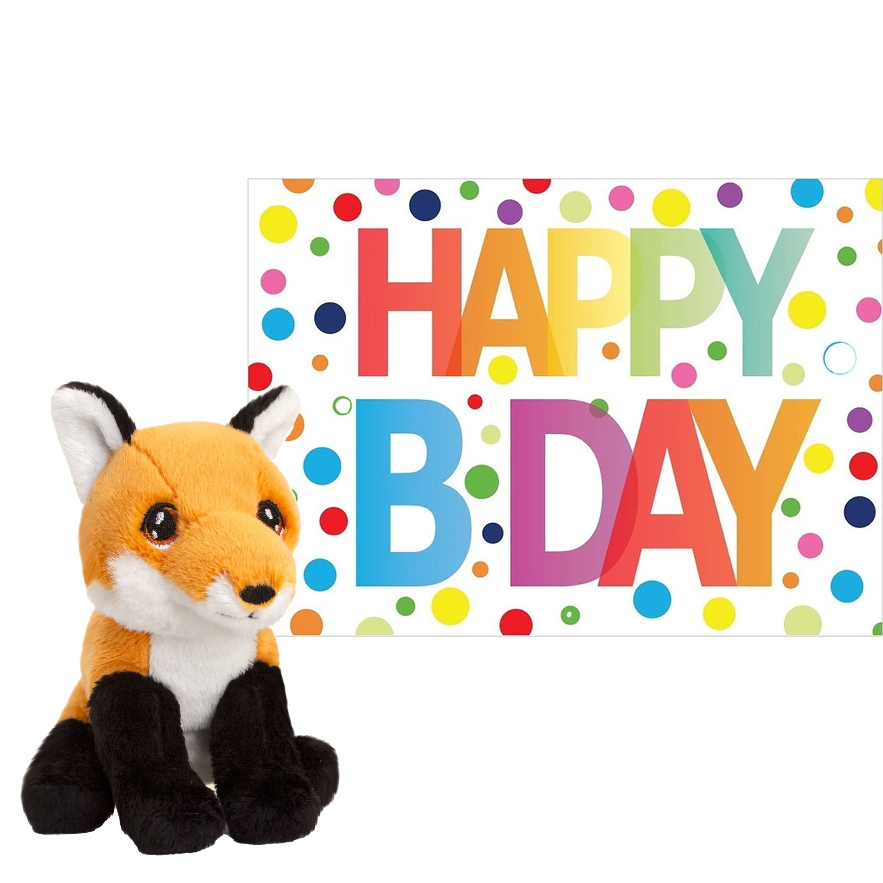 Pluche rode vos knuffel - 12 cm - Happy Birthday kaart