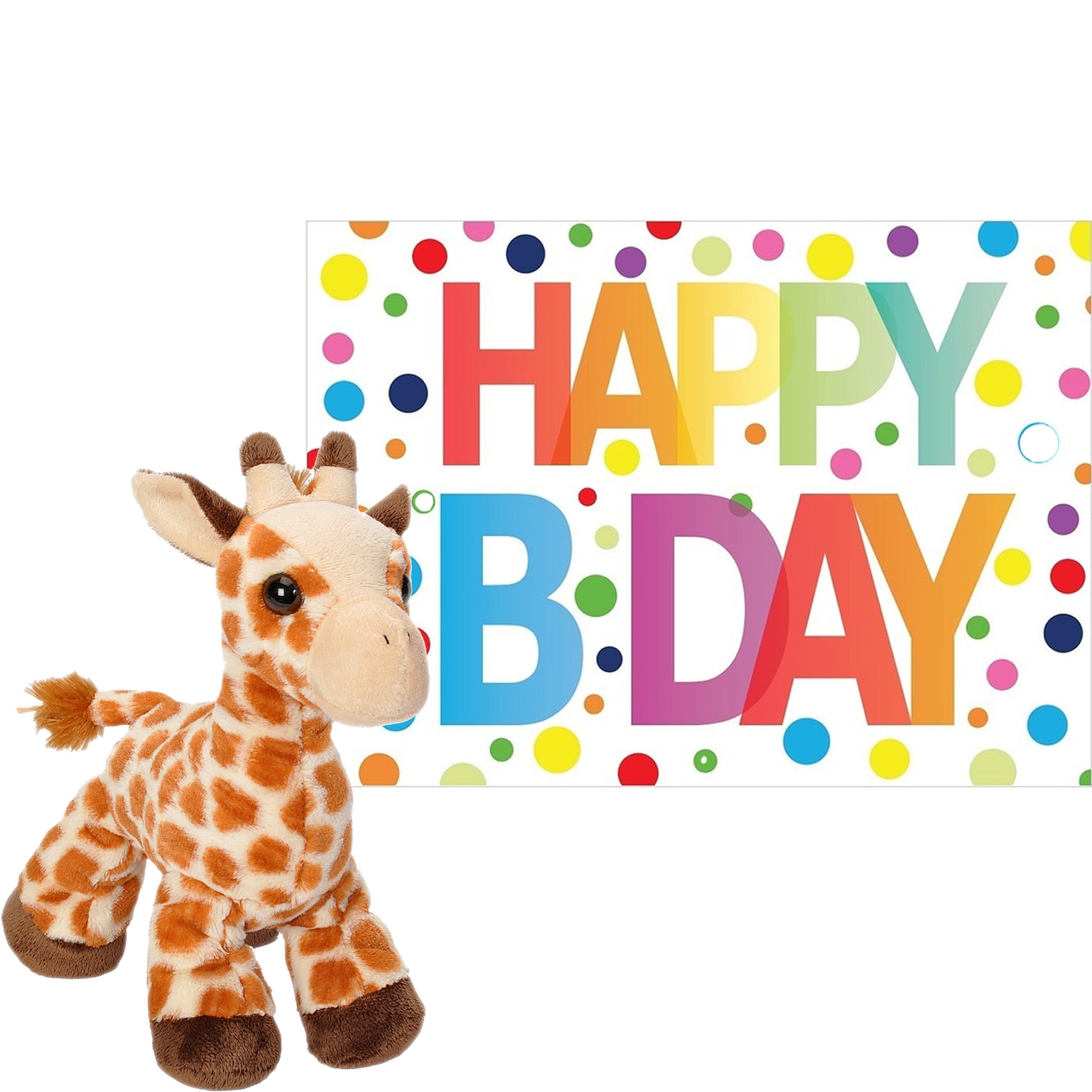 Pluche giraffe knuffel - 18 cm - met Happy Birthday kaart
