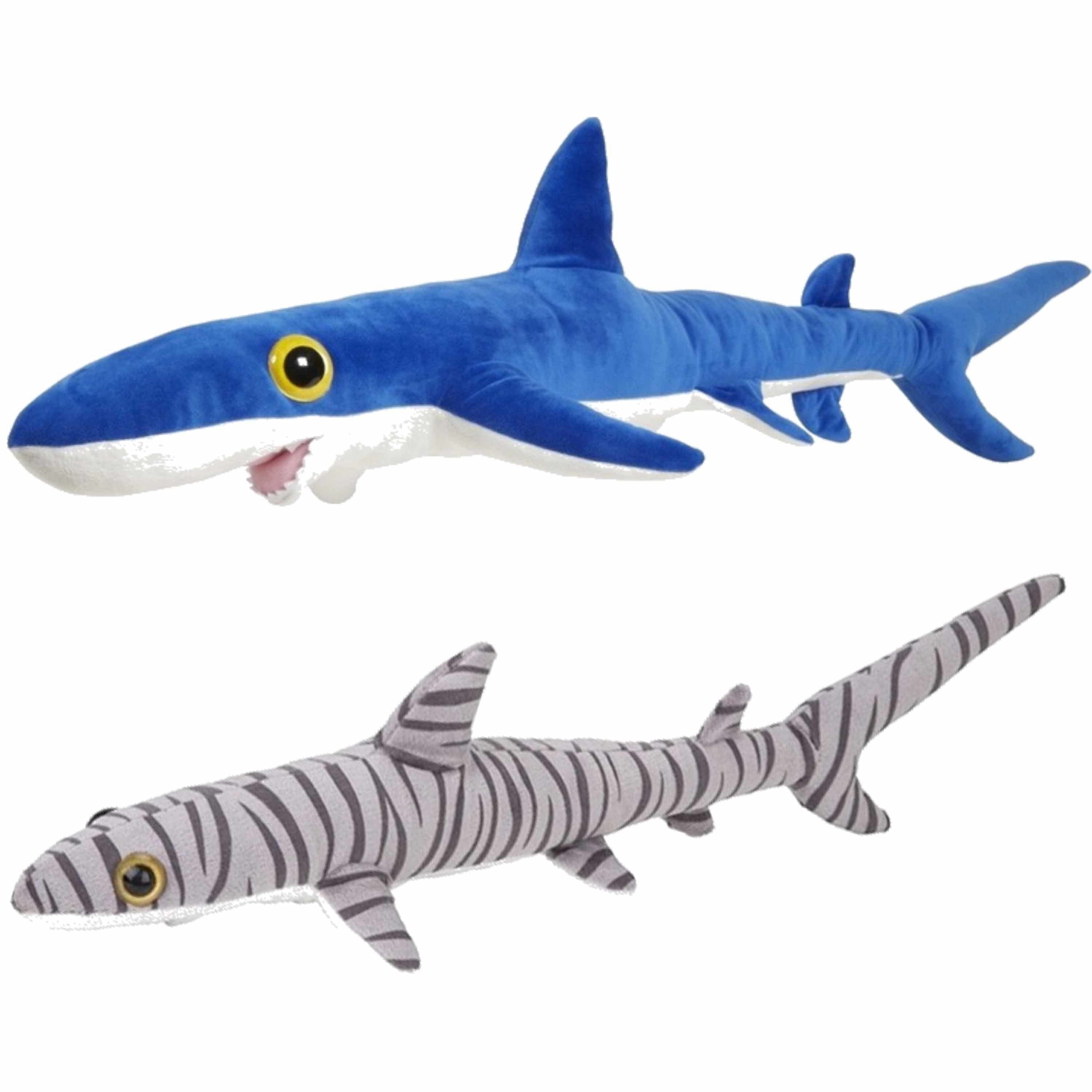 Set van 2 pluche haaien knuffels - 60 cm - tijgerhaai - blauwe haai - oceaandieren - pluche