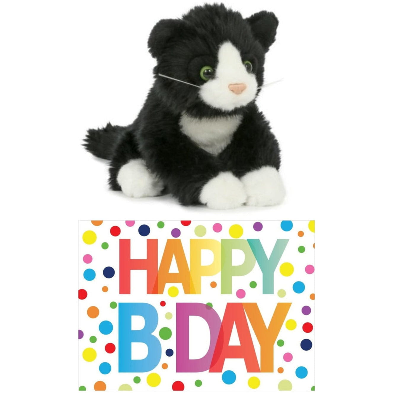 Zwart-witte kat knuffel - pluche - 18 cm - Happy Birthday