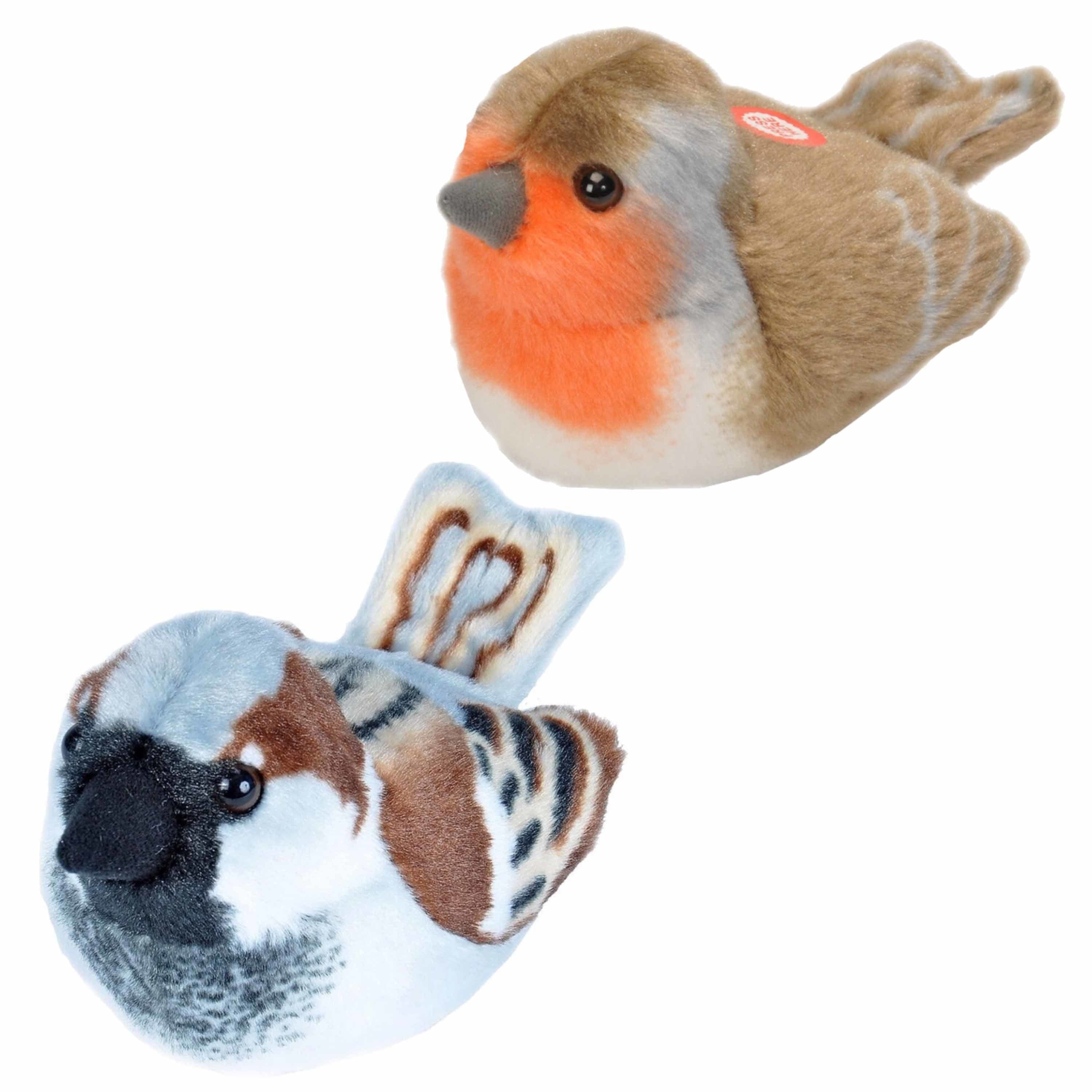 Pluche vogels knuffels - set van 2 - 14 cm - met geluid