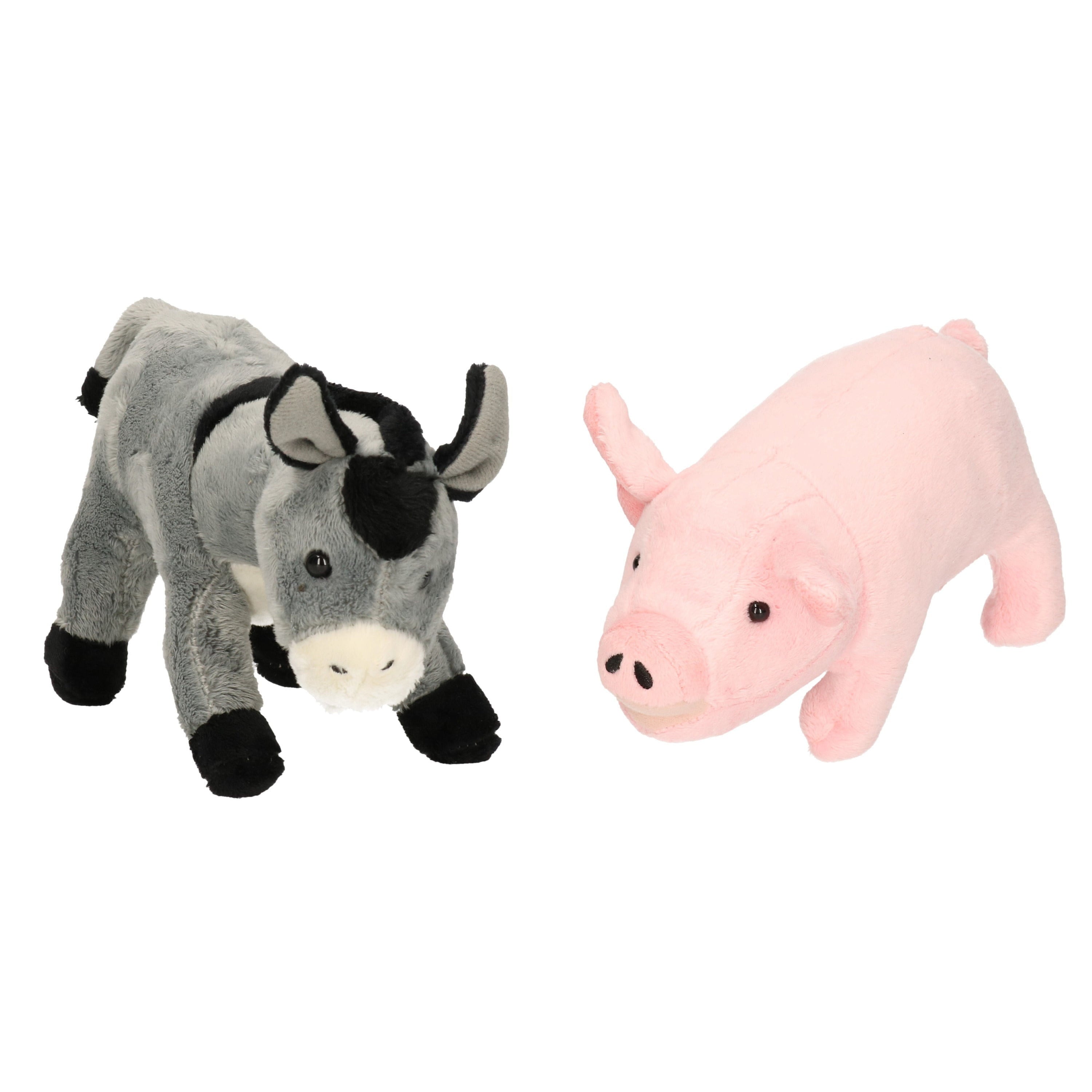Pluche knuffel ezel en varken - boerderijdieren - 21 cm