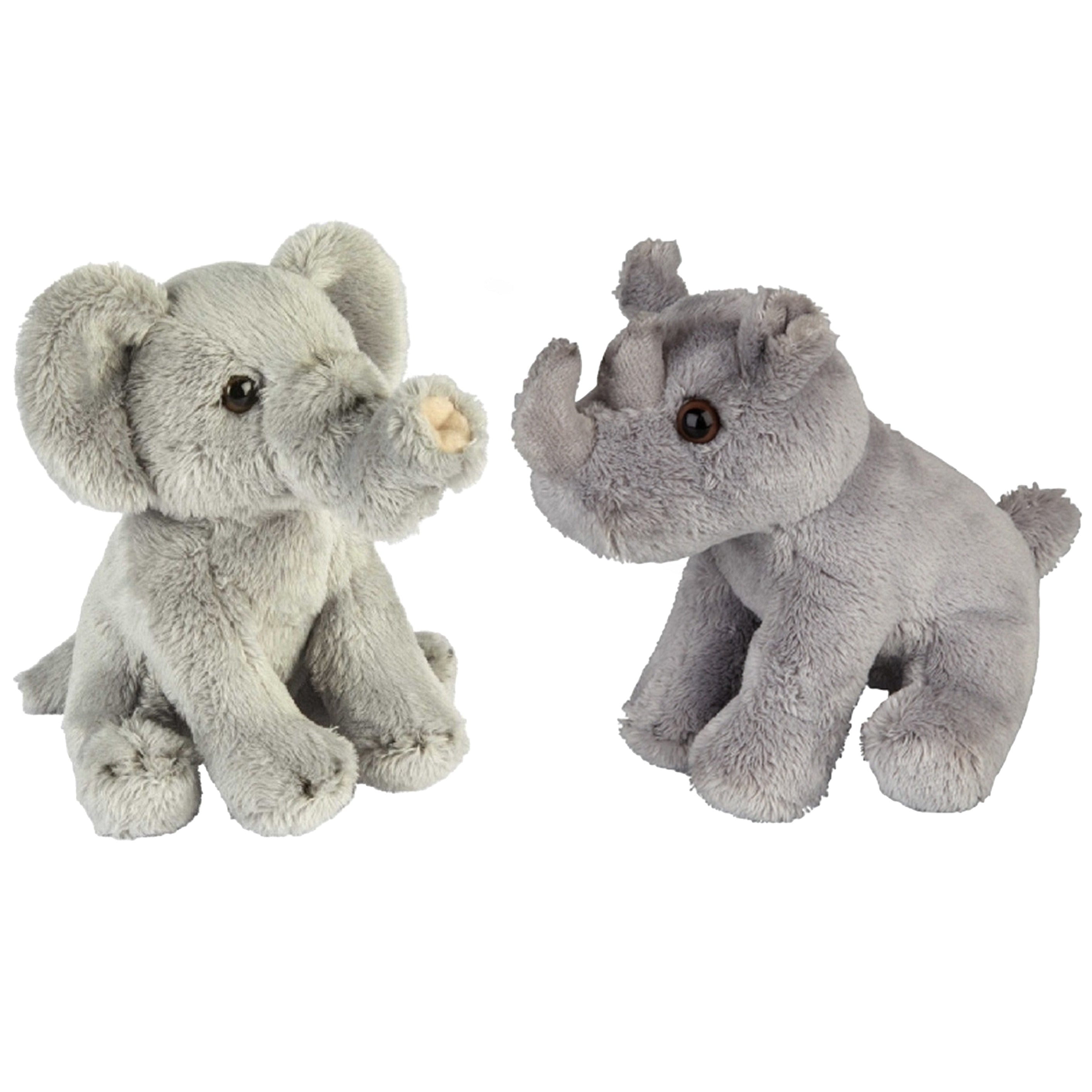 Safari dieren knuffels - pluche - olifant en neushoorn - 15 cm