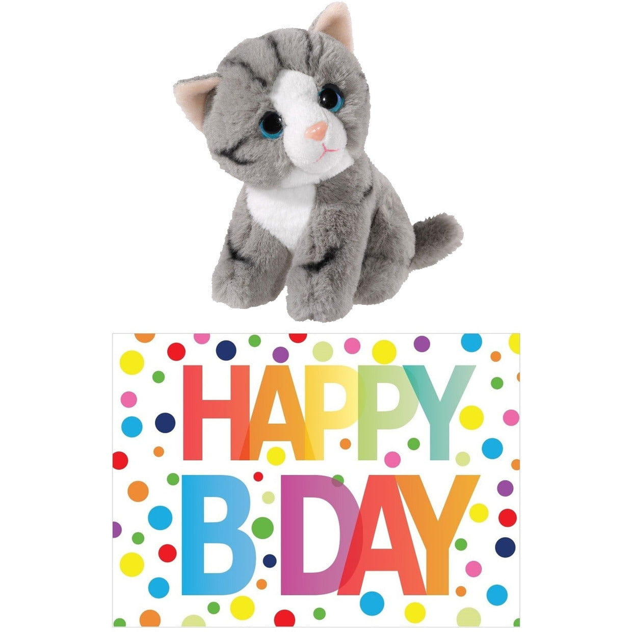 Grijze kat knuffel - pluche - 14 cm - Happy Birthday kaart - cadeau set