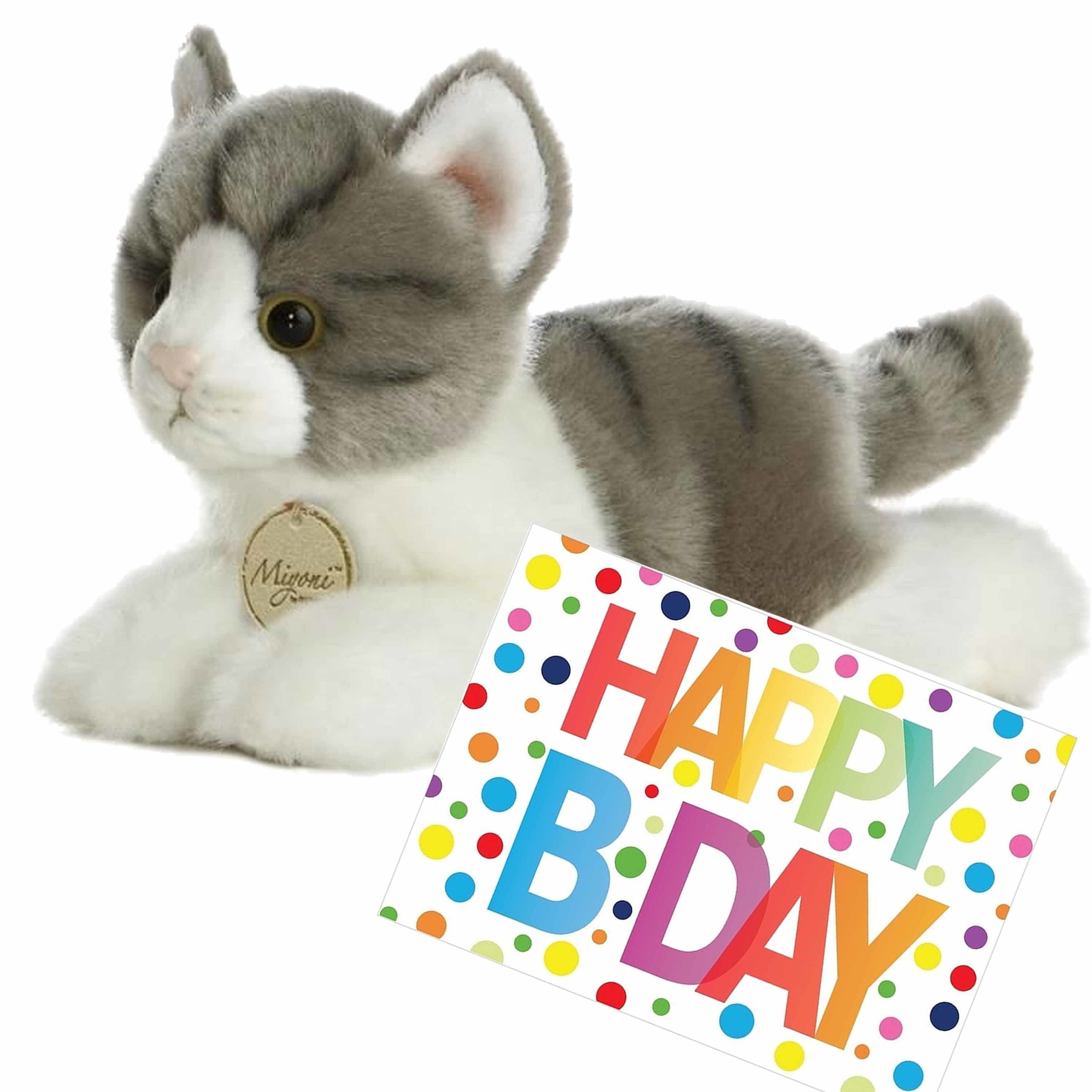 Pluche poes knuffel - grijs/wit - 20 cm - met wenskaart