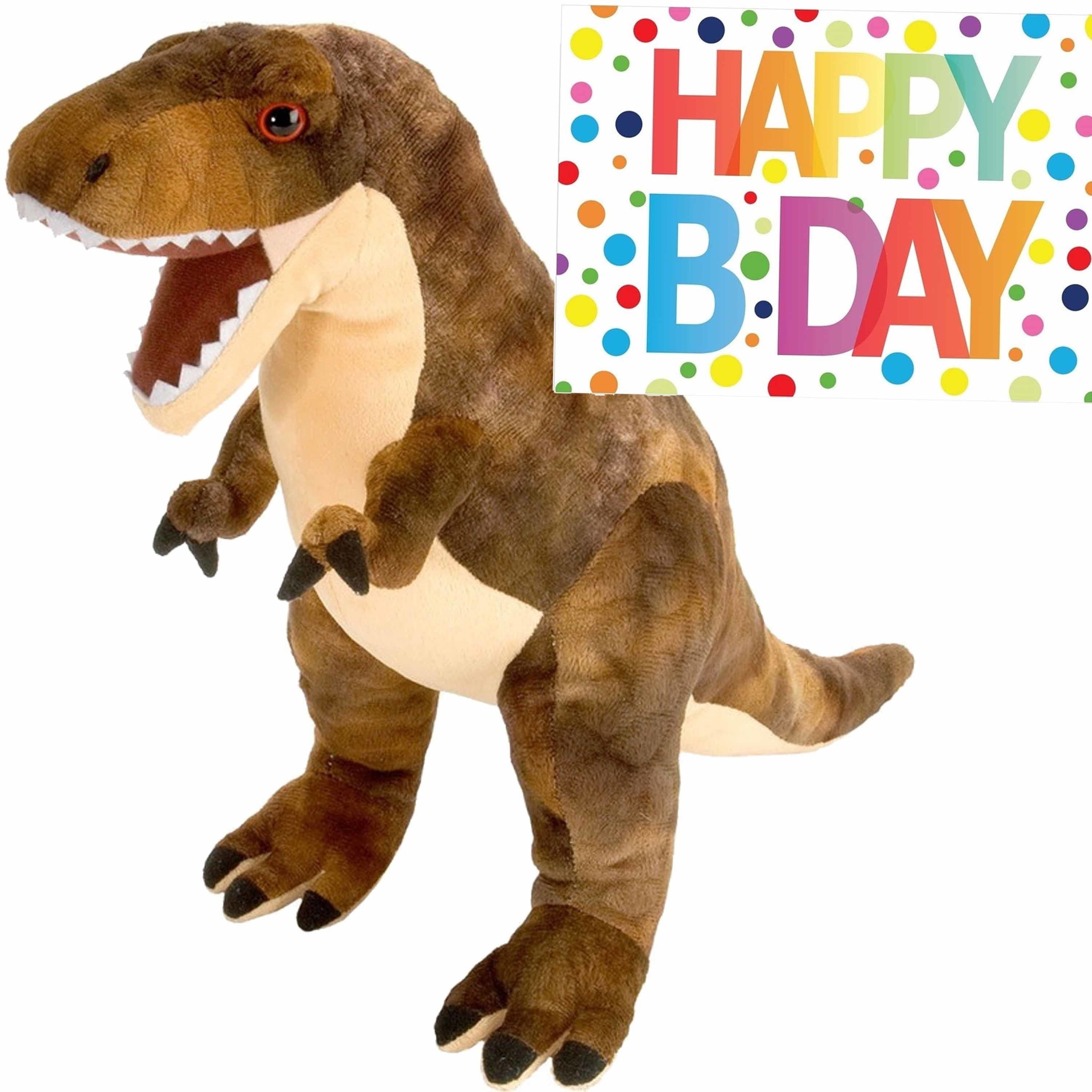 Dino T-rex knuffel - pluche - 25 cm - Happy Birthday kaart