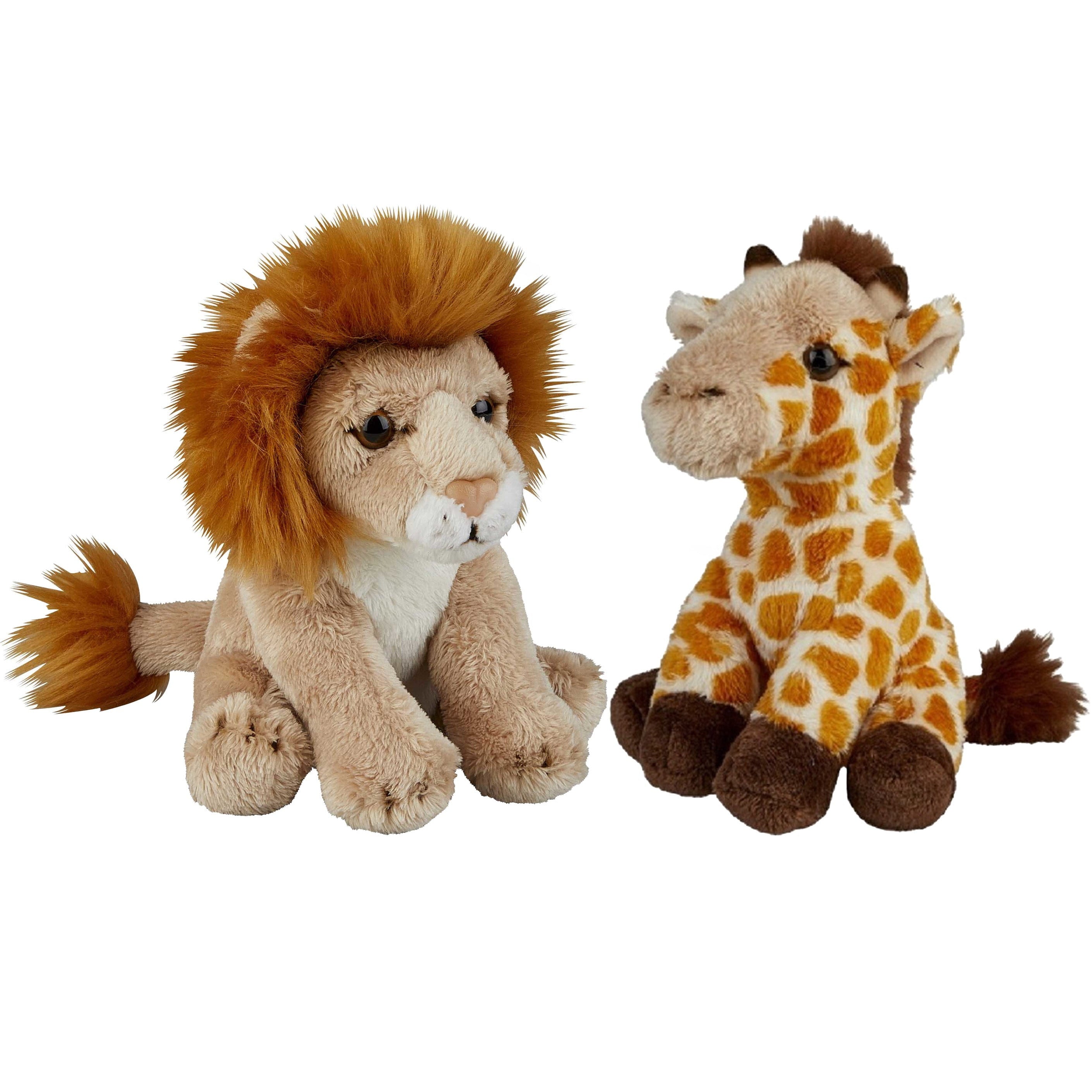 Safari dieren pluche knuffels set - giraffe en leeuw - 15 cm