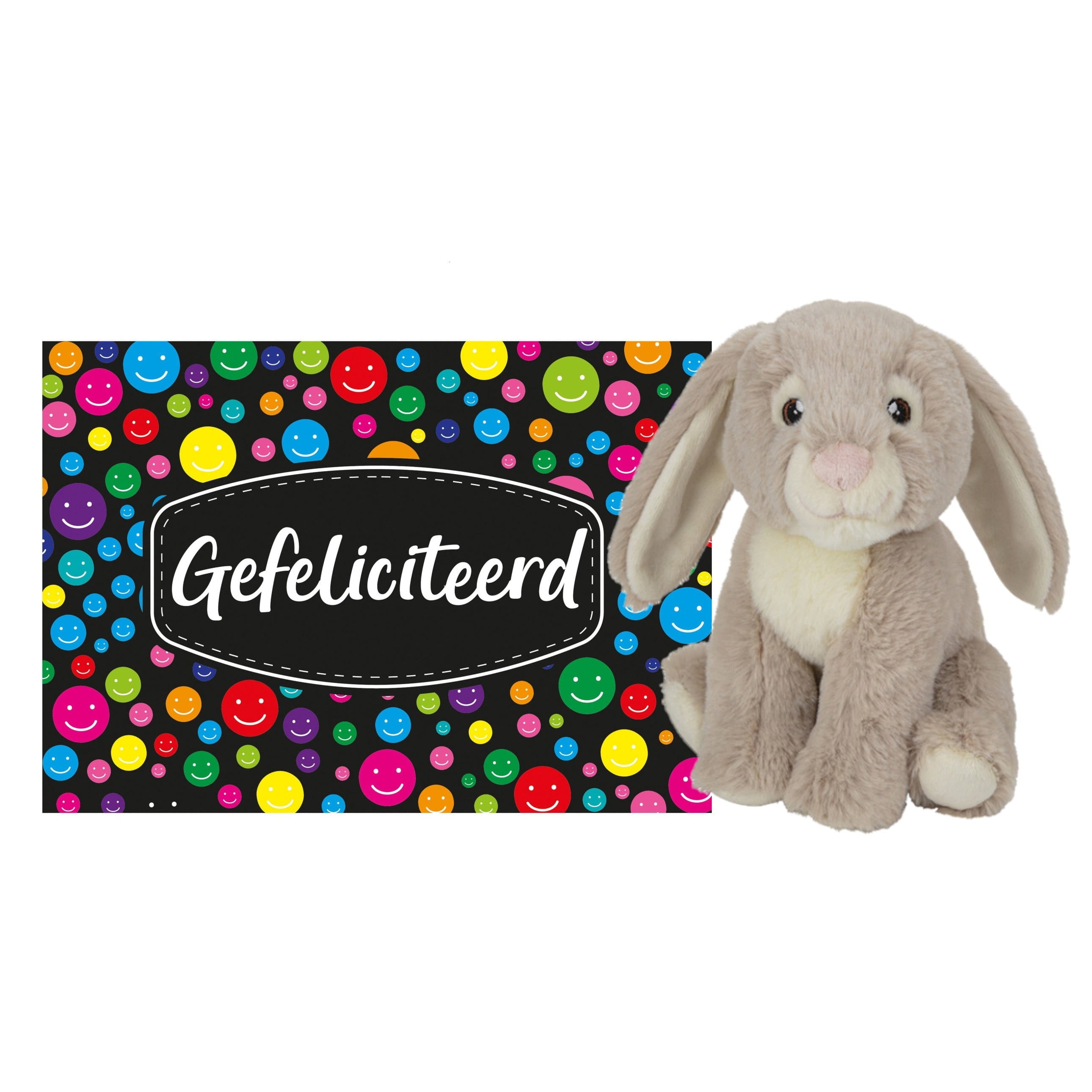 Konijn knuffel cadeau - pluche - 19 cm - gefeliciteerd kaart