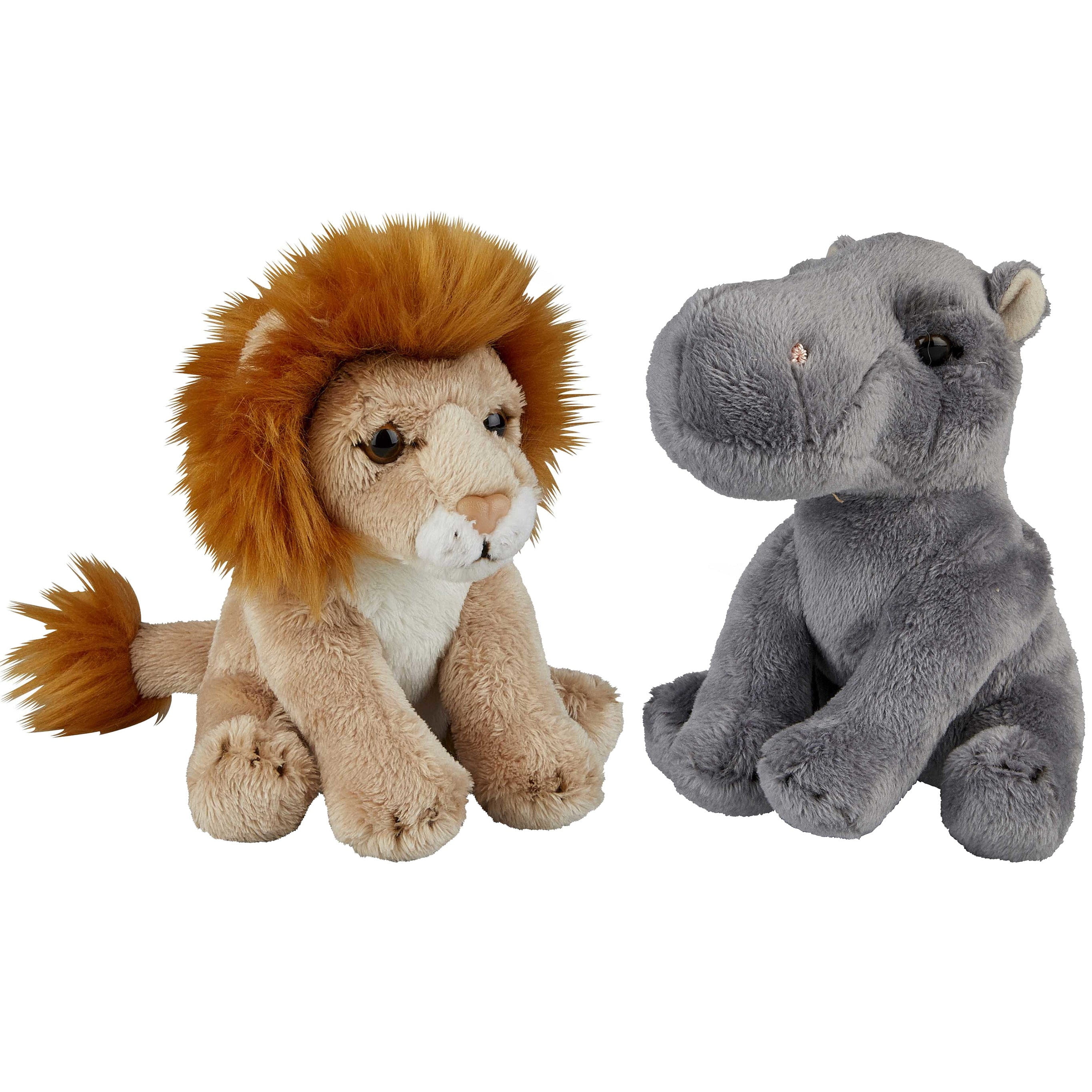 Safari dieren pluche knuffels set - nijlpaard en leeuw - 15 cm