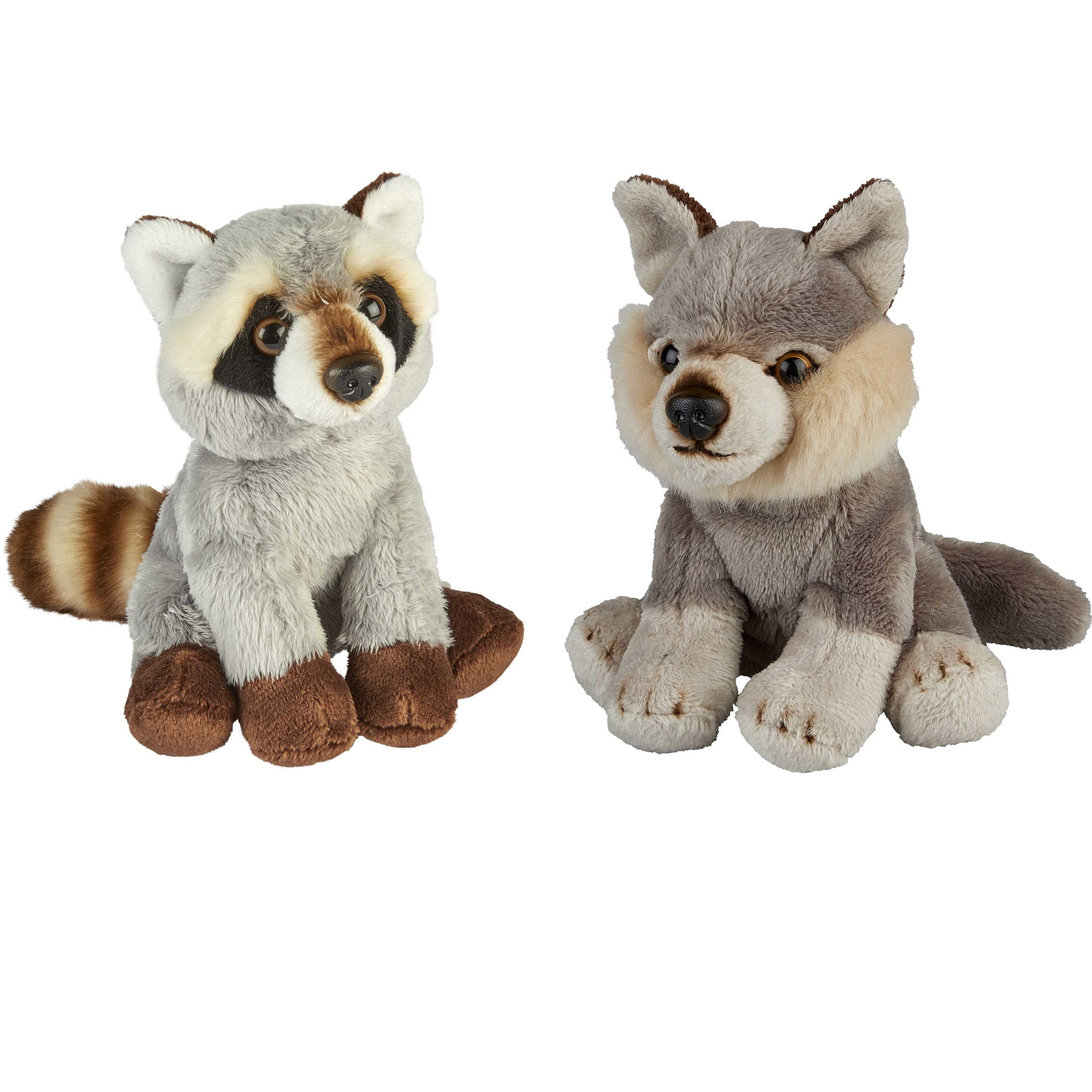 Bosdieren knuffelset - pluche - wasbeer en wolf - 15 cm