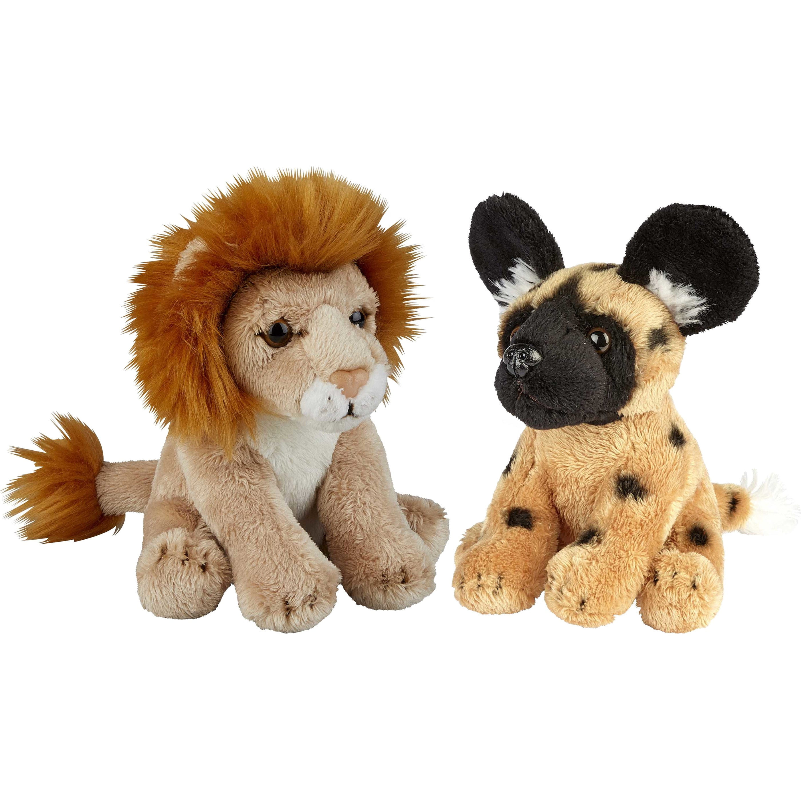 Safari dieren pluche knuffels - wilde hond en leeuw - 15 cm