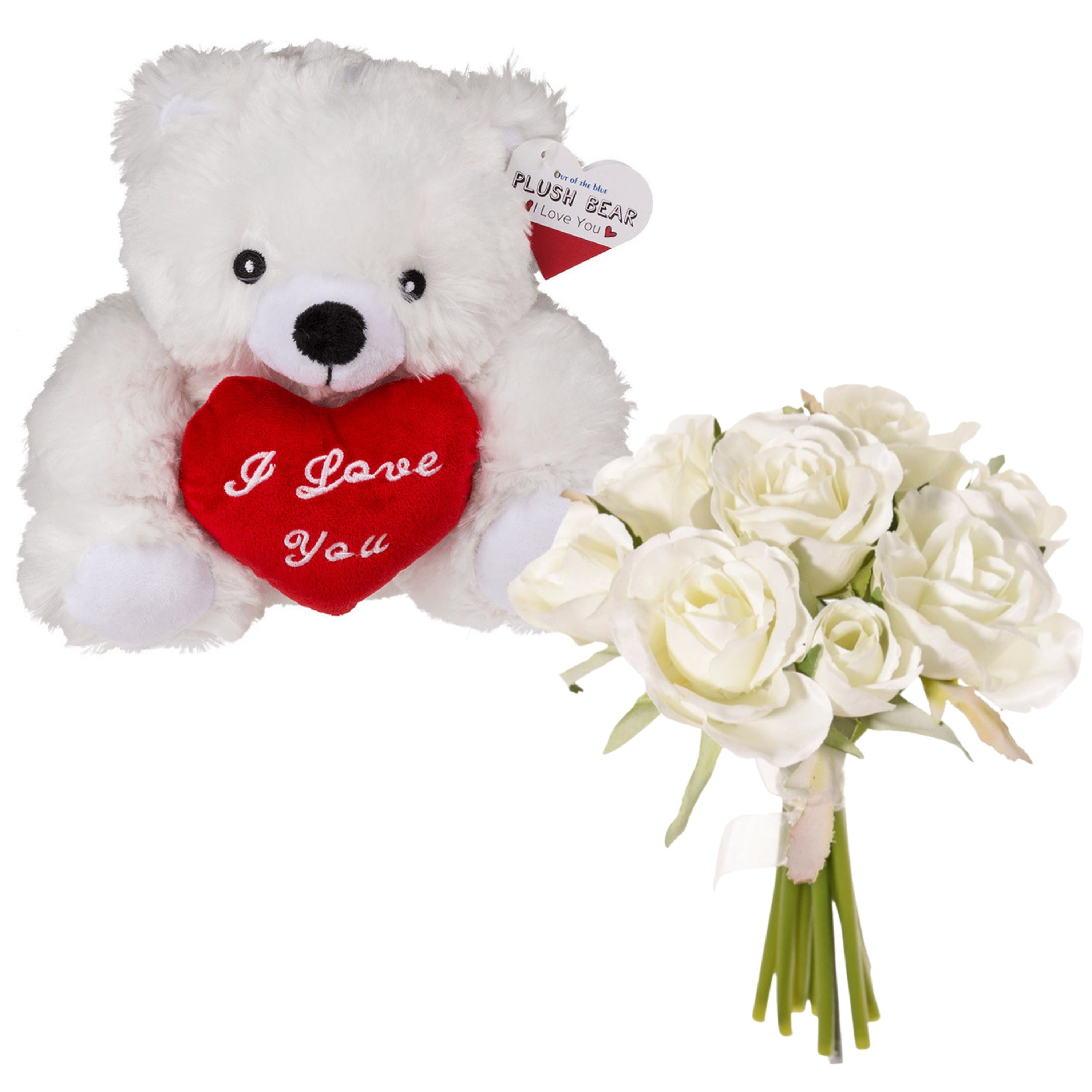 Valentijnscadeau - wit beertje met rozenboeket - kunstbloem - pluche - romantisch
