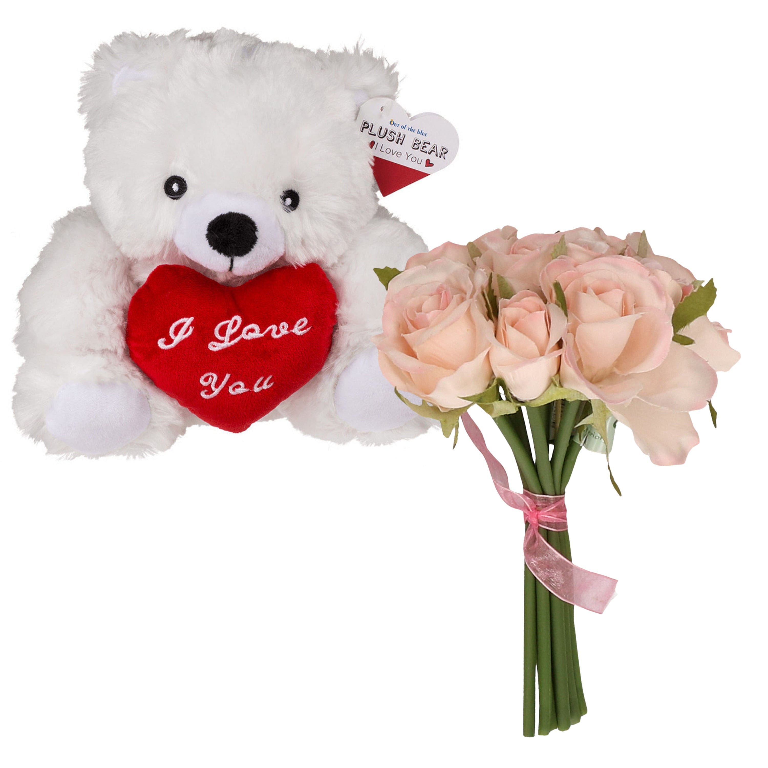 Valentijn cadeau - beertje met rozenboeket - wit - pluche - romantisch