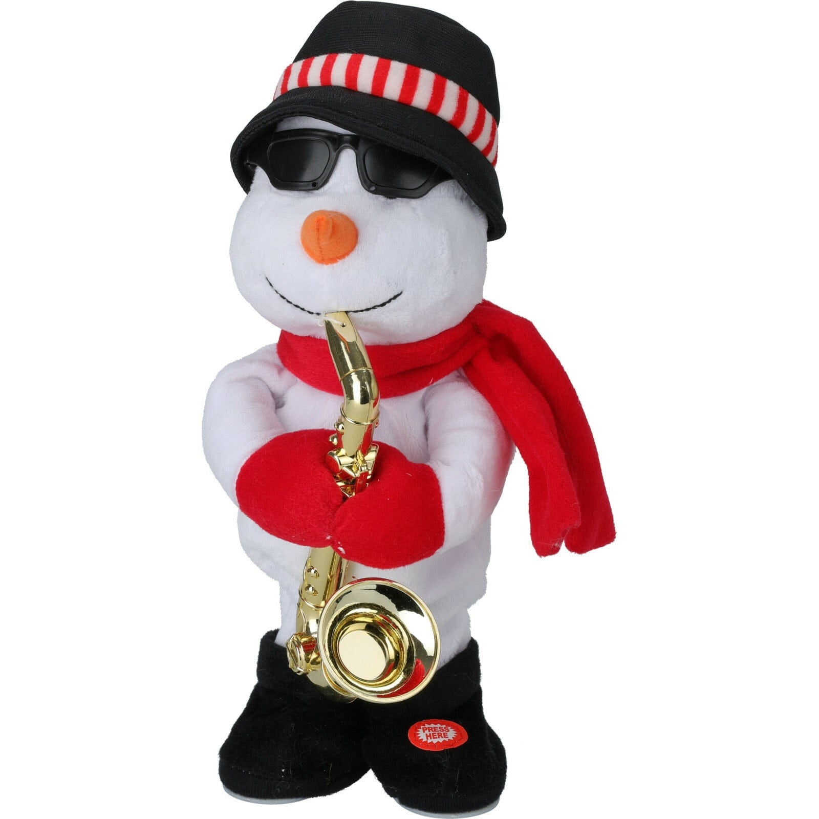 Dansende sneeuwpop knuffel - pluche - saxofoon - 35 cm - kerstfiguur