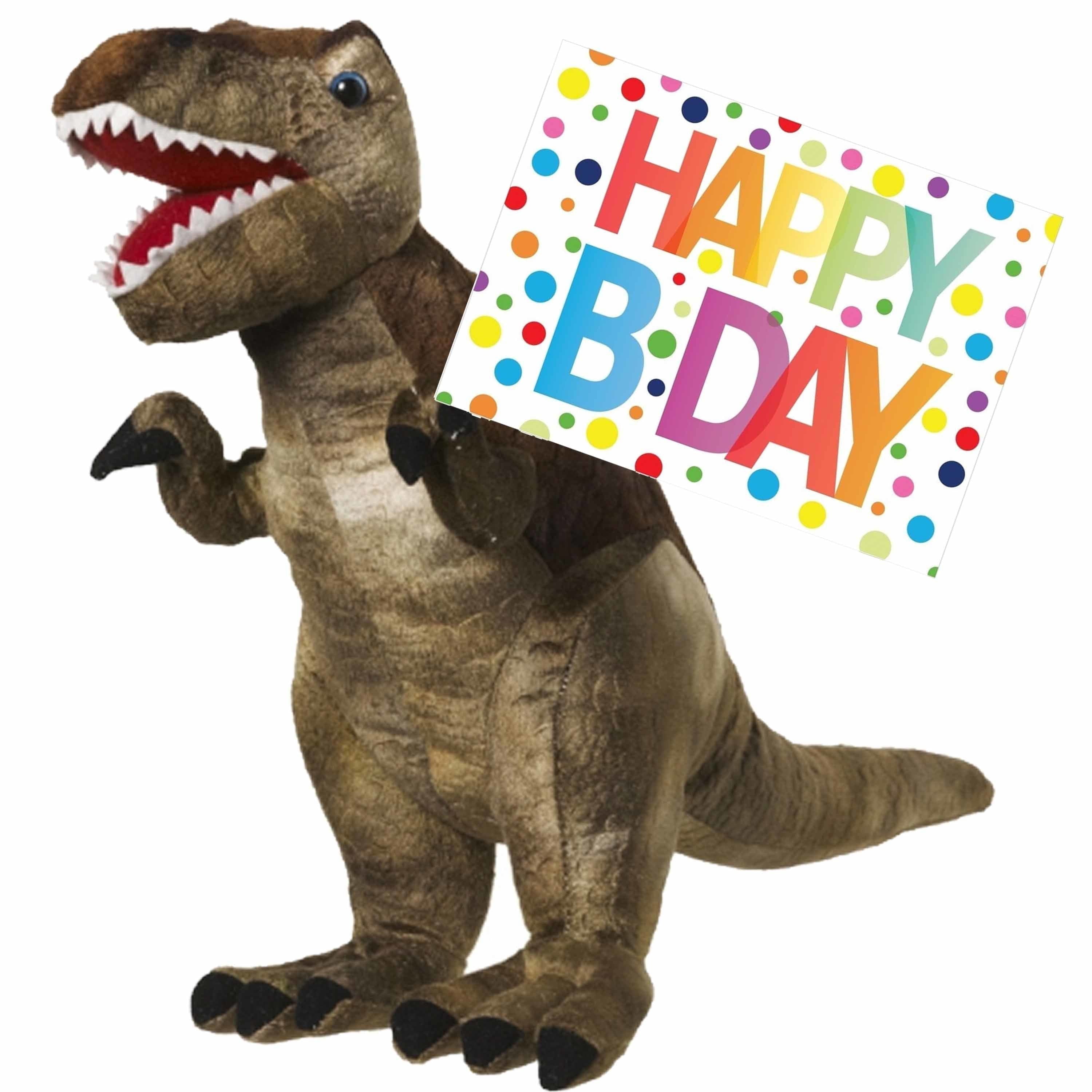 Dino T-rex knuffel - pluche - 48 cm - met verjaardagskaart