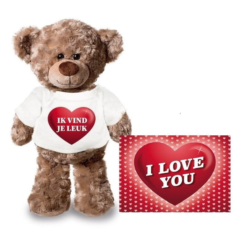 Valentijnskaart en knuffelbeer - 24 cm - ik vind je leuk
