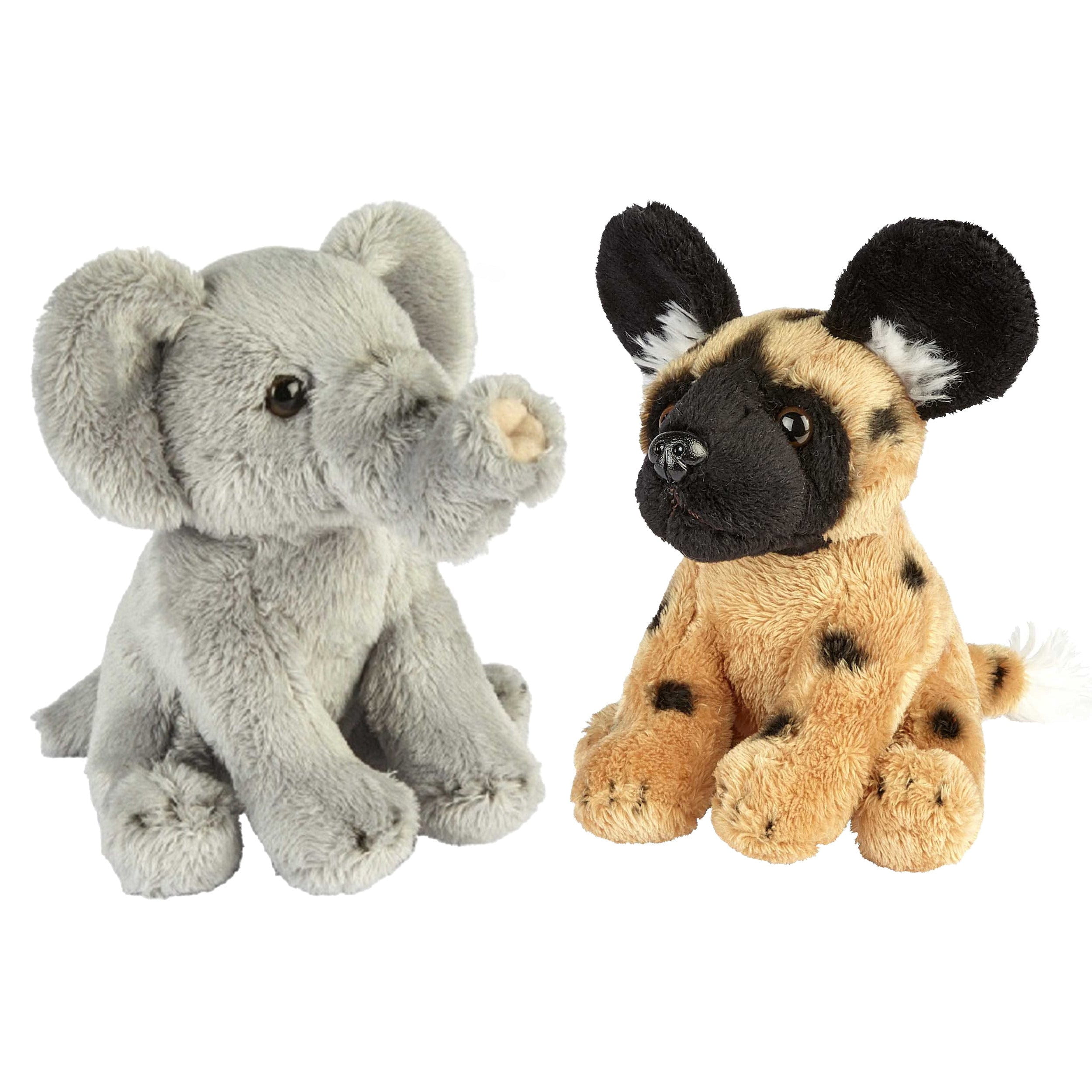 Safari dieren pluche knuffels - olifant en wilde hond - 15 cm