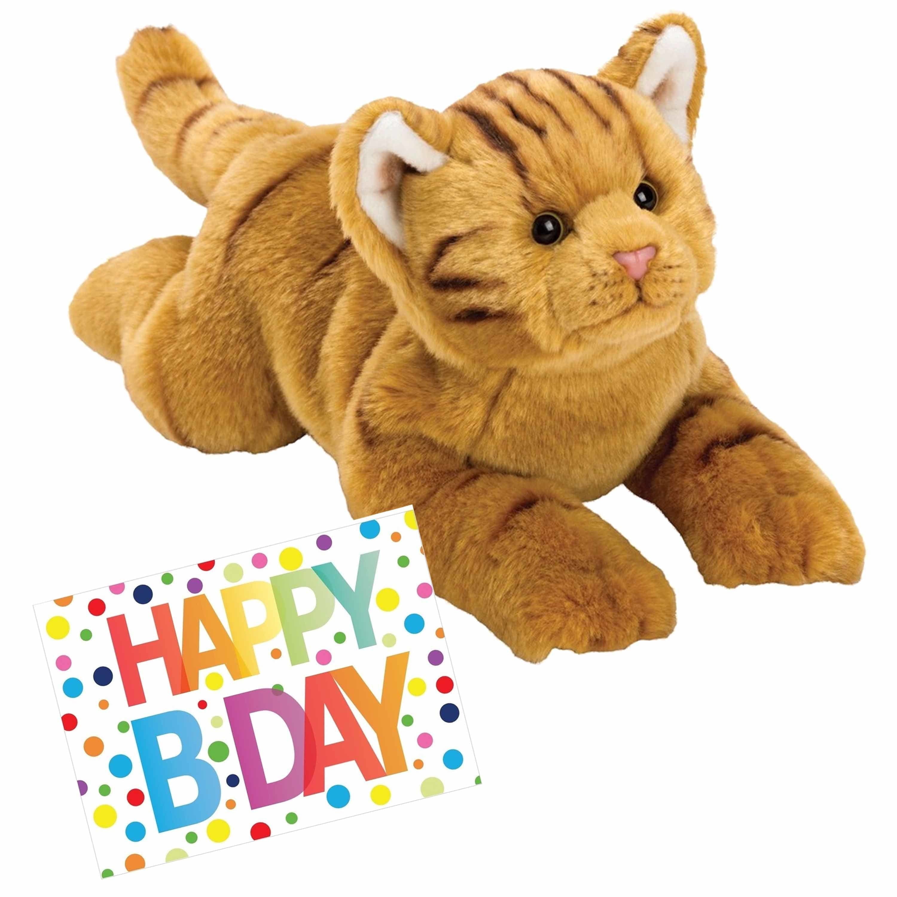 Pluche rode kat knuffel - 33 cm - met A5 verjaardagskaart